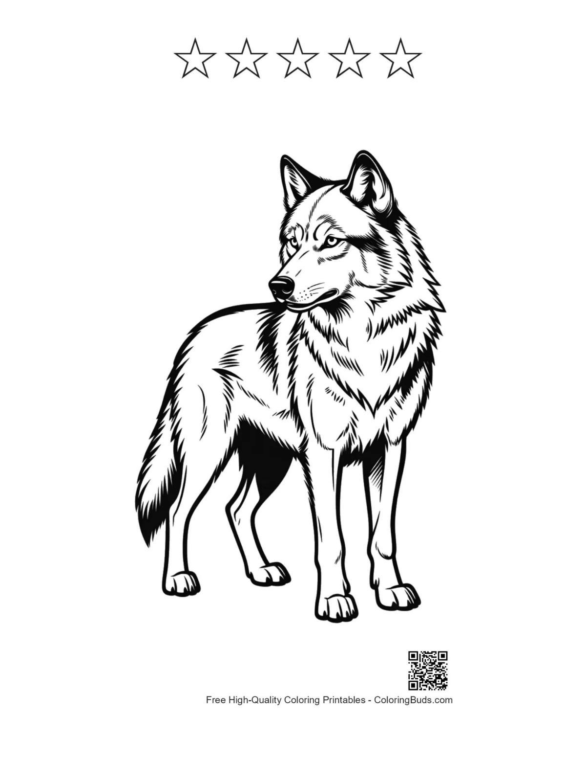 Gray wolf printable with 5-star rating outline