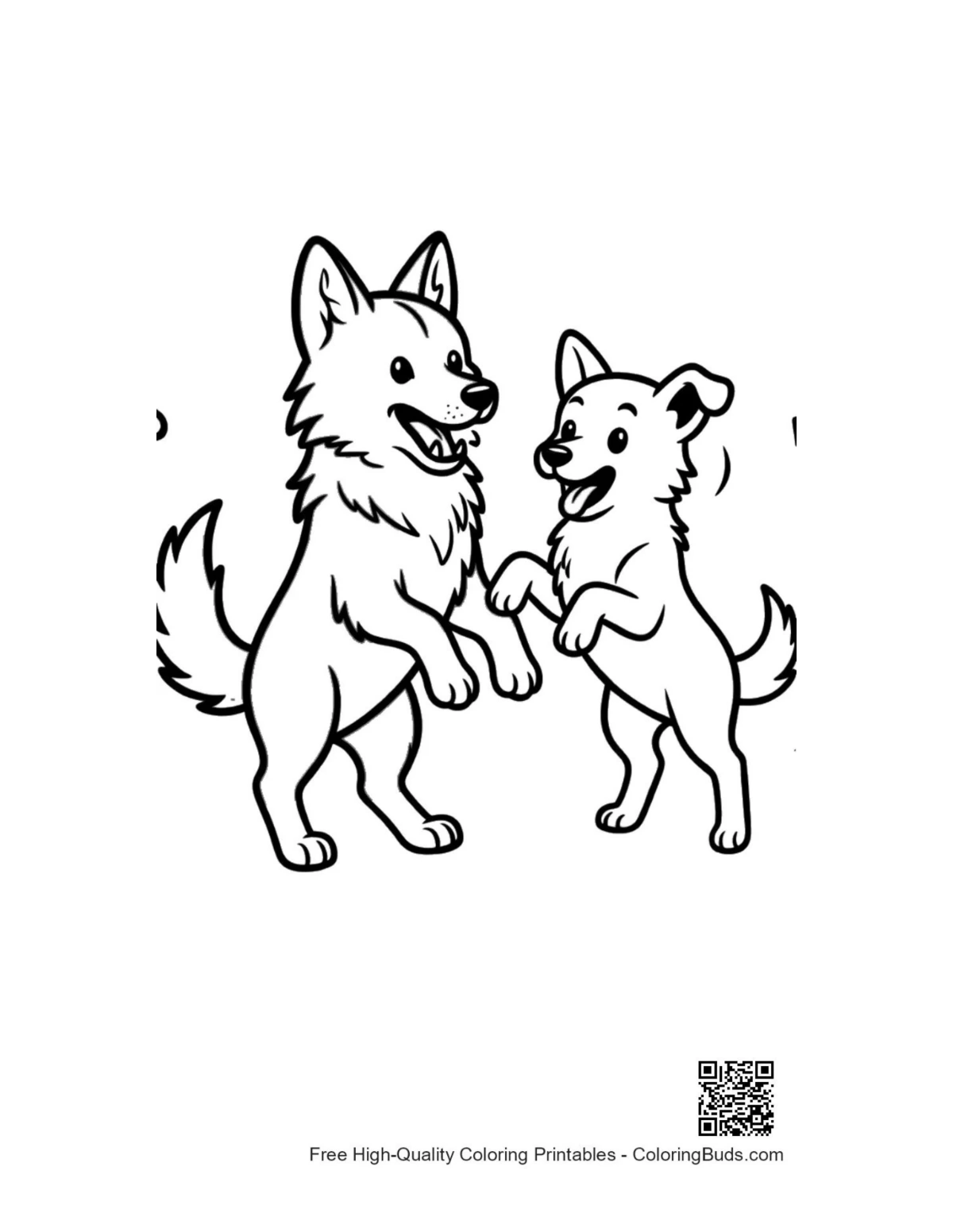 Playful gray wolf mom and pup high-fiving illustration