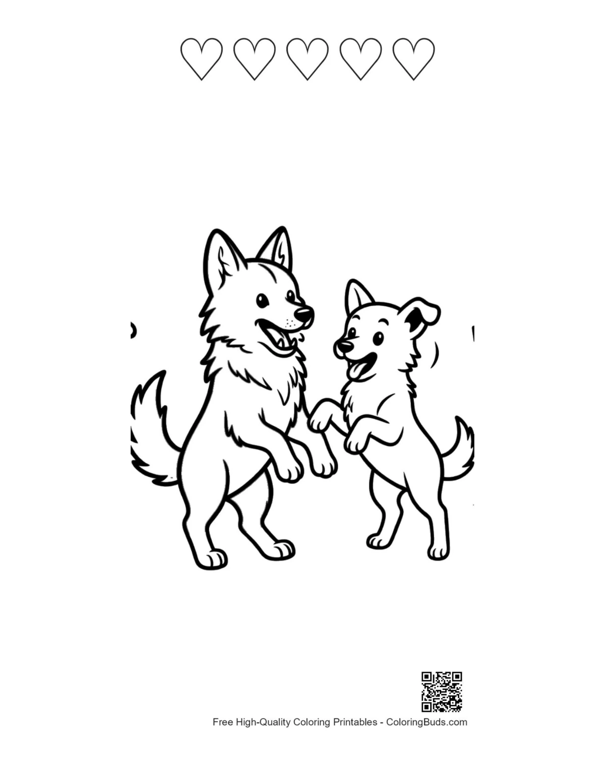 Gray wolf mom pup high-five with heart outlines printable