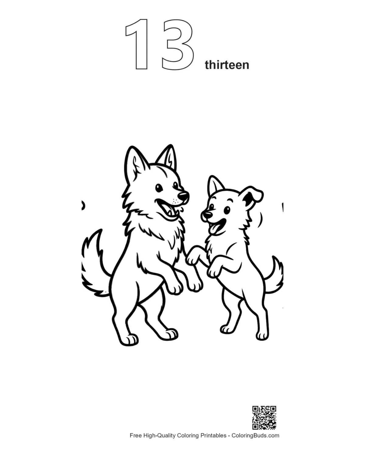 Outlined gray wolf high-five printable numbered 13