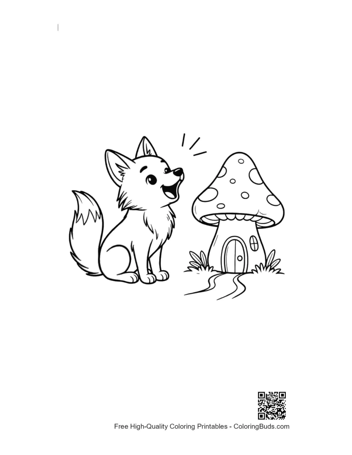 Small wolf pup howling near mushroom house printable