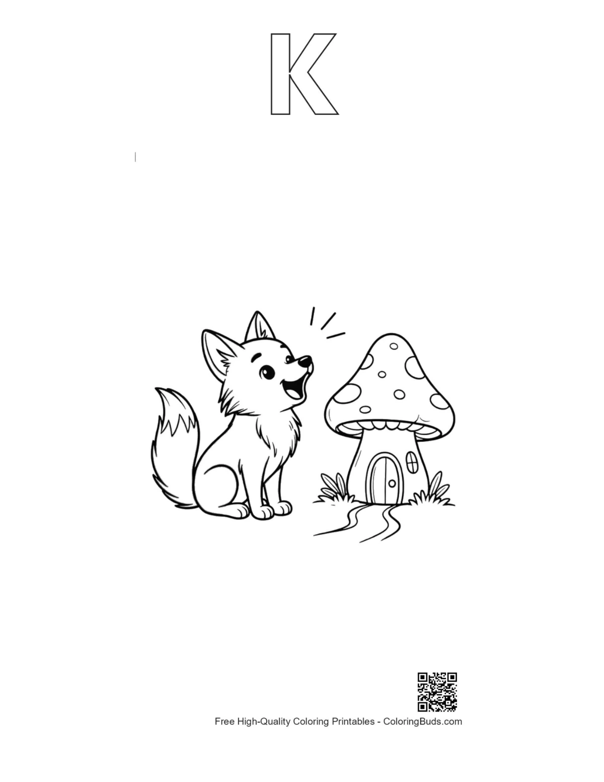 Small wolf pup howling mushroom house outline with letter K