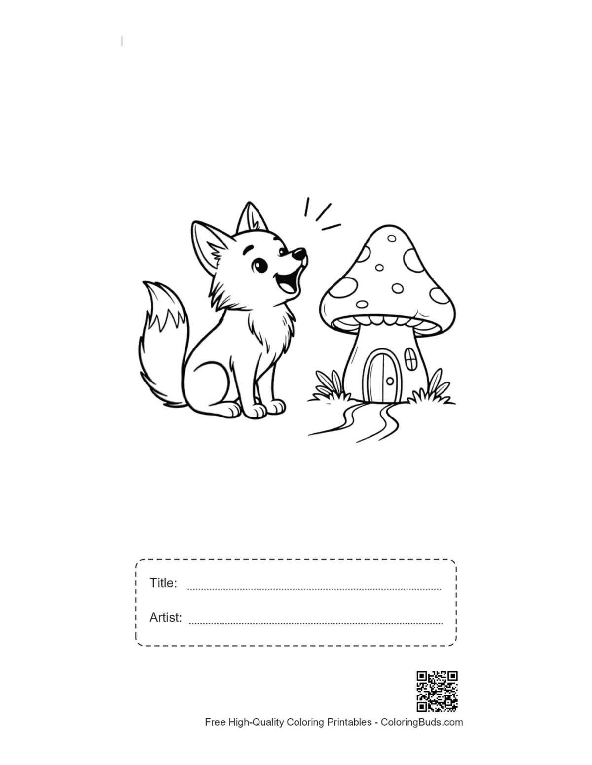 Small wolf pup howling mushroom house printable with title box