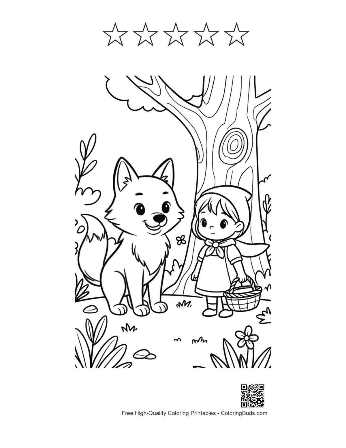 Gray wolf 5 star outline Little Red Hood hollow tree printable