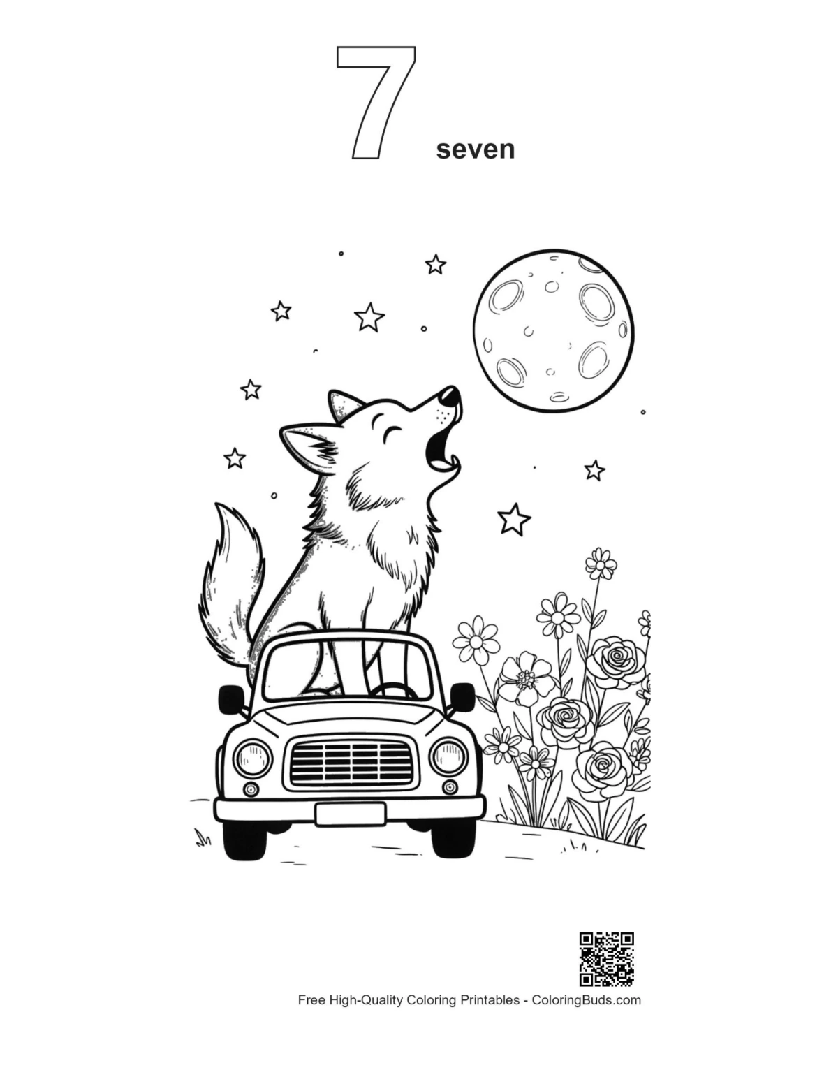 Wolf howling printable outline with number 7