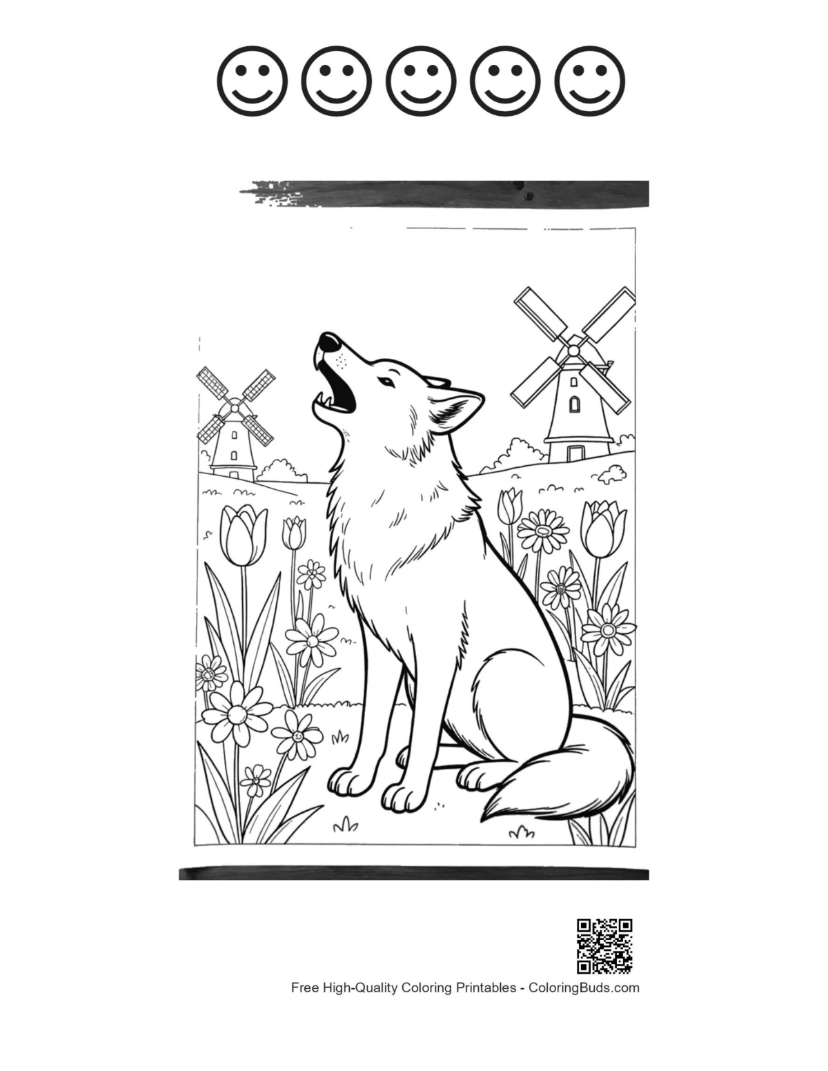 Howling wolf printable with 5 happy face outlines