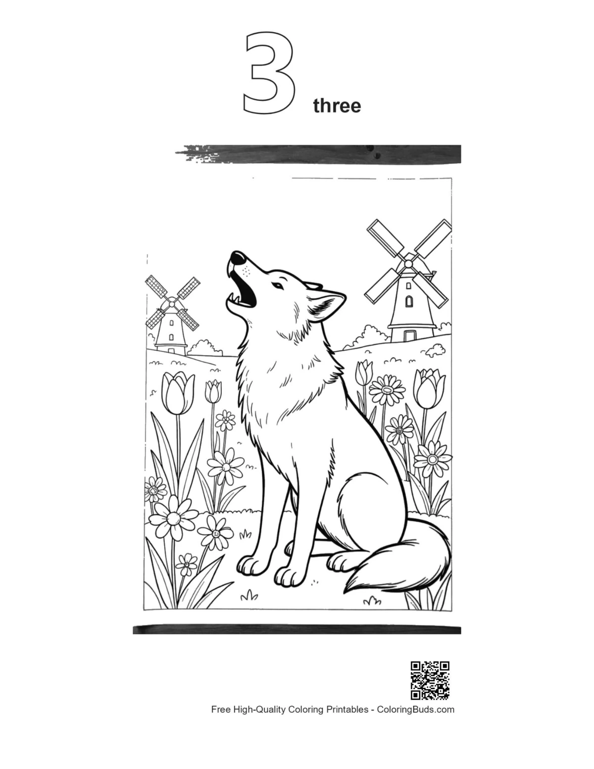 Wolf howling windmill outline number 3 printable