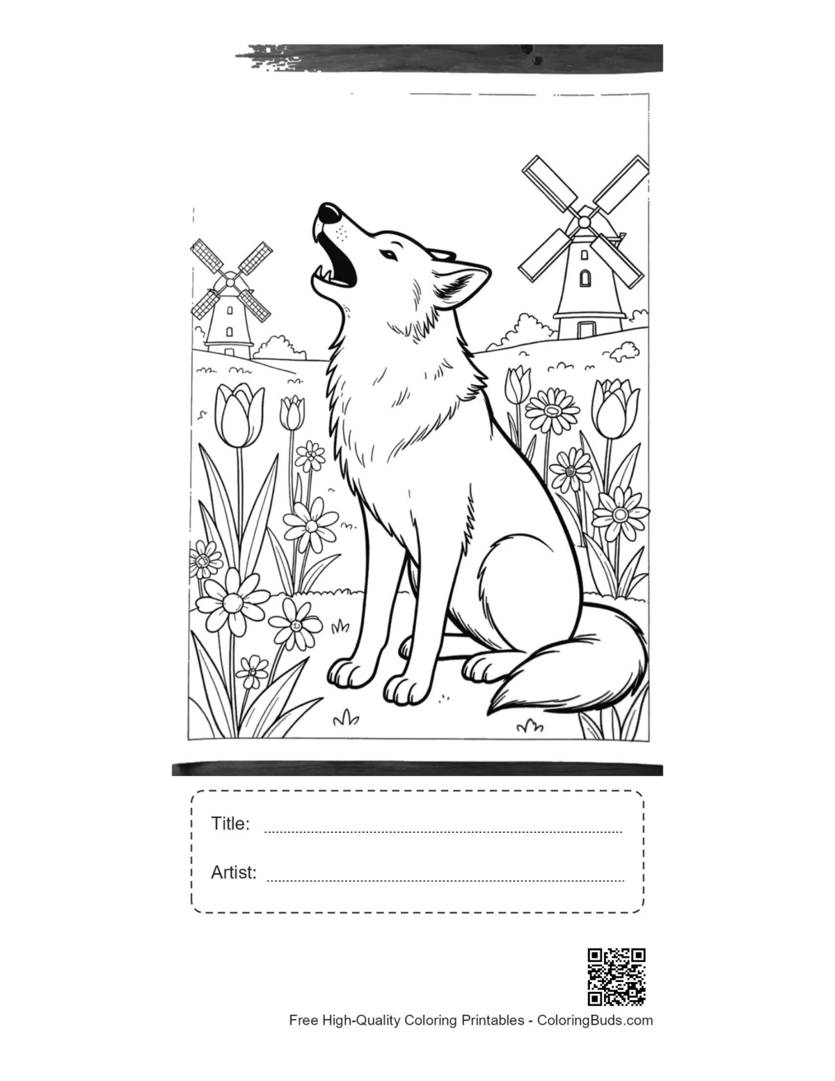 Howling wolf windmill moon printable with title box