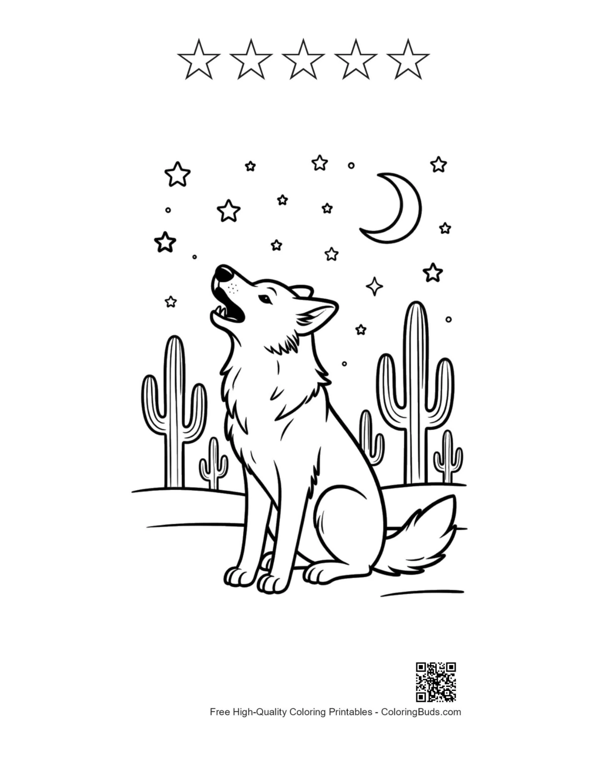 Howling wolf printable with 5 star outlines desert