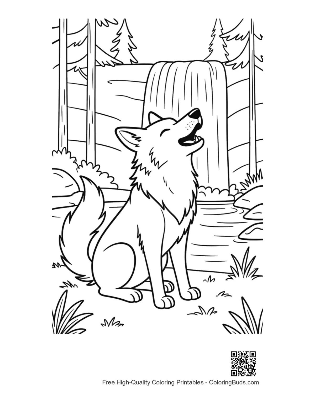 Howling wolf near river waterfall nature printable