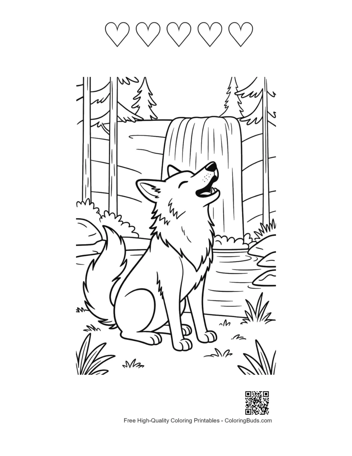 Howling wolf with 5 heart outlines nature printable