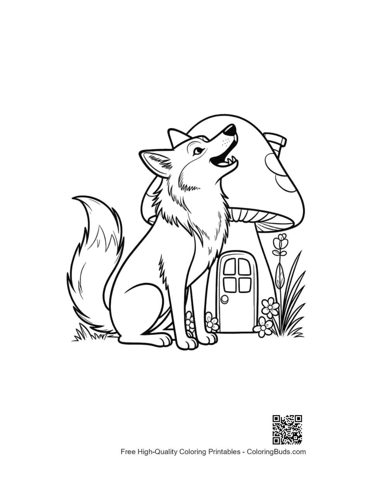 Howling wolf beside cute mushroom house coloring printable