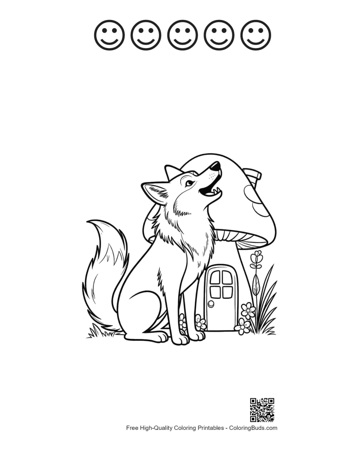Howling wolf with happy faces and mushroom house print