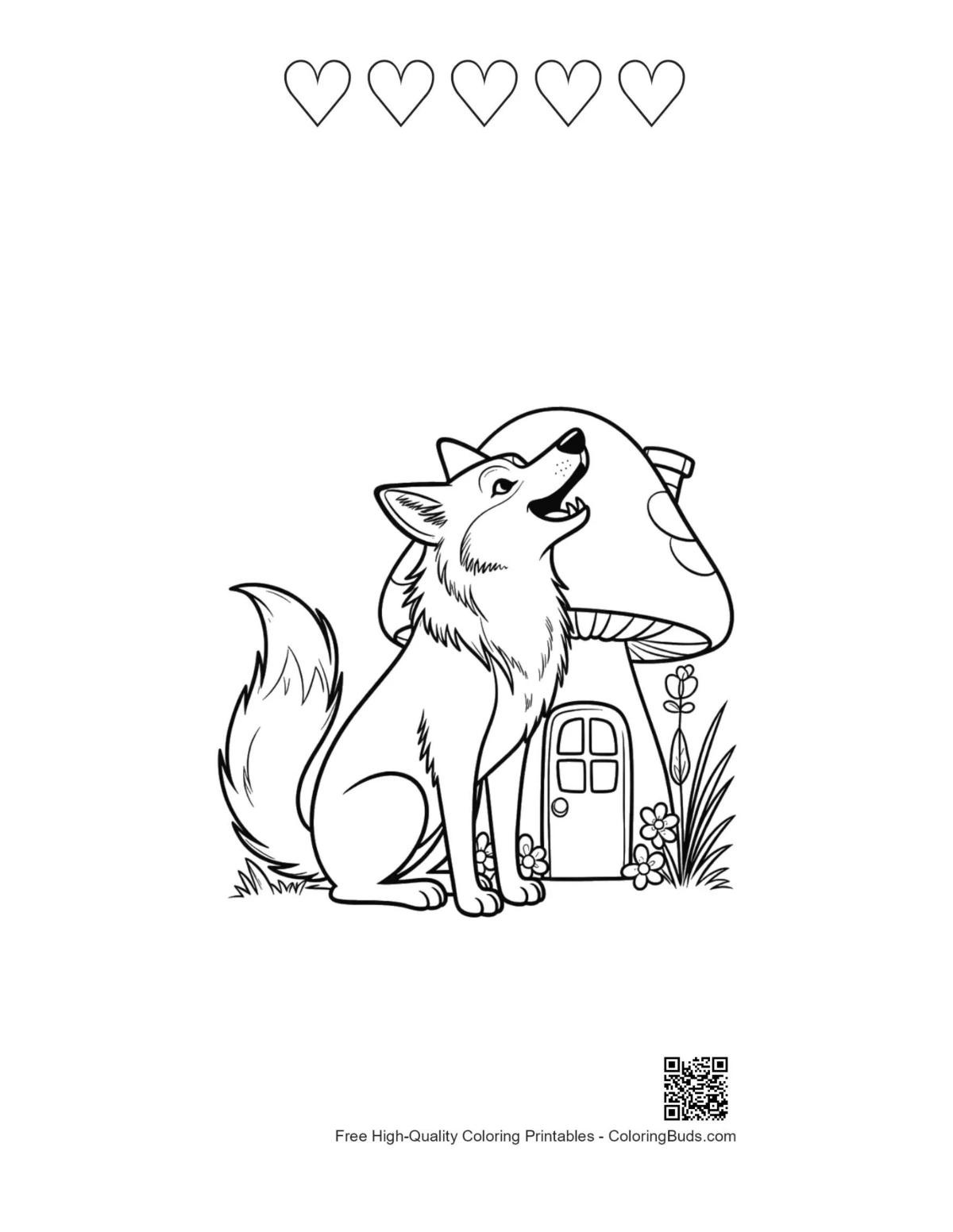 Cute howling wolf mushroom house with heart outlines