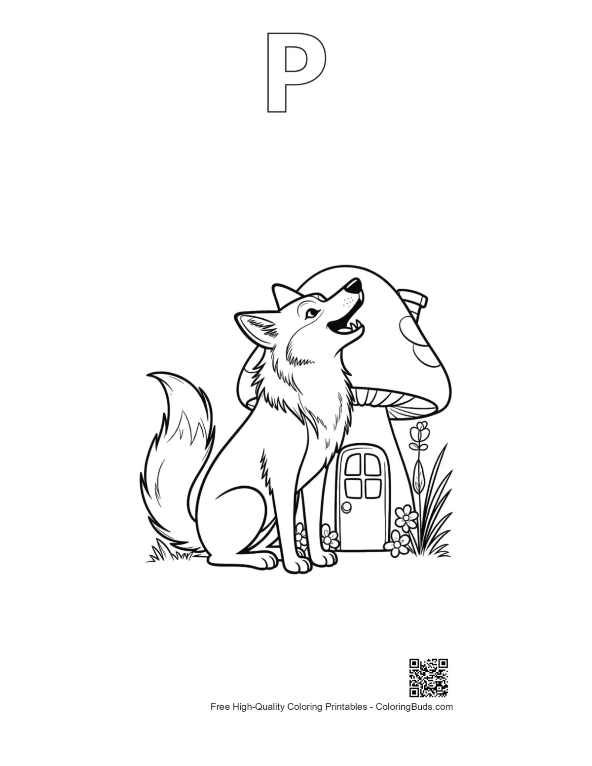 Howling wolf mushroom house with alphabet P outline