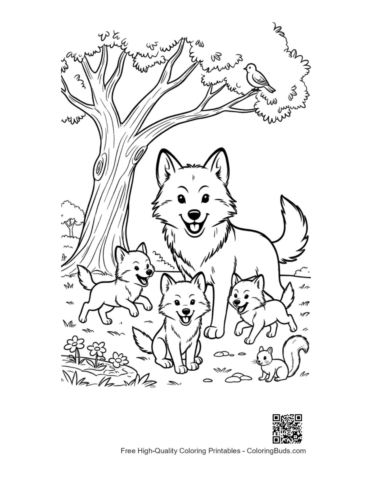 Gray wolf mother guiding pups forest coloring printable