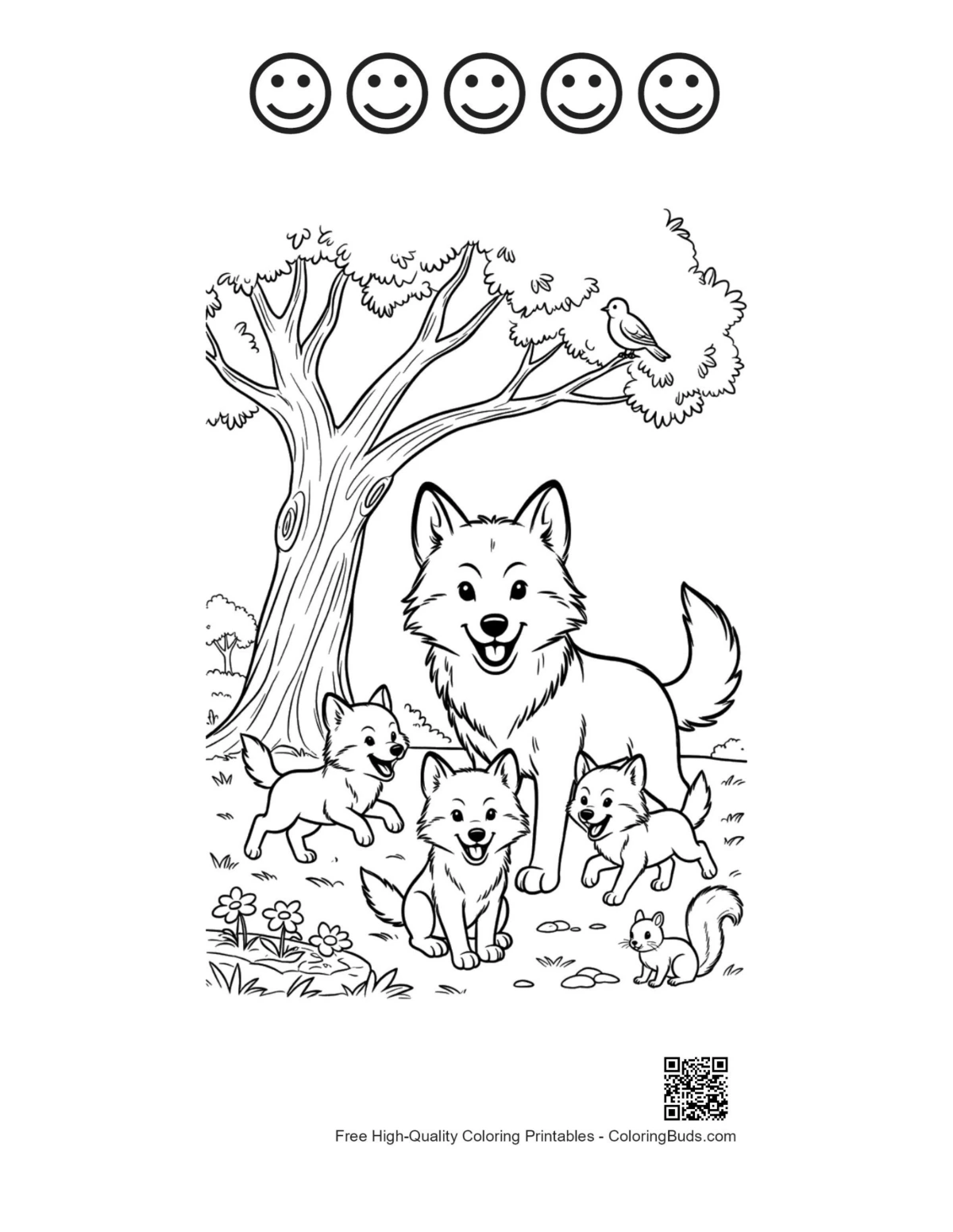 Forest wolf mother printable 5 happy faces outline