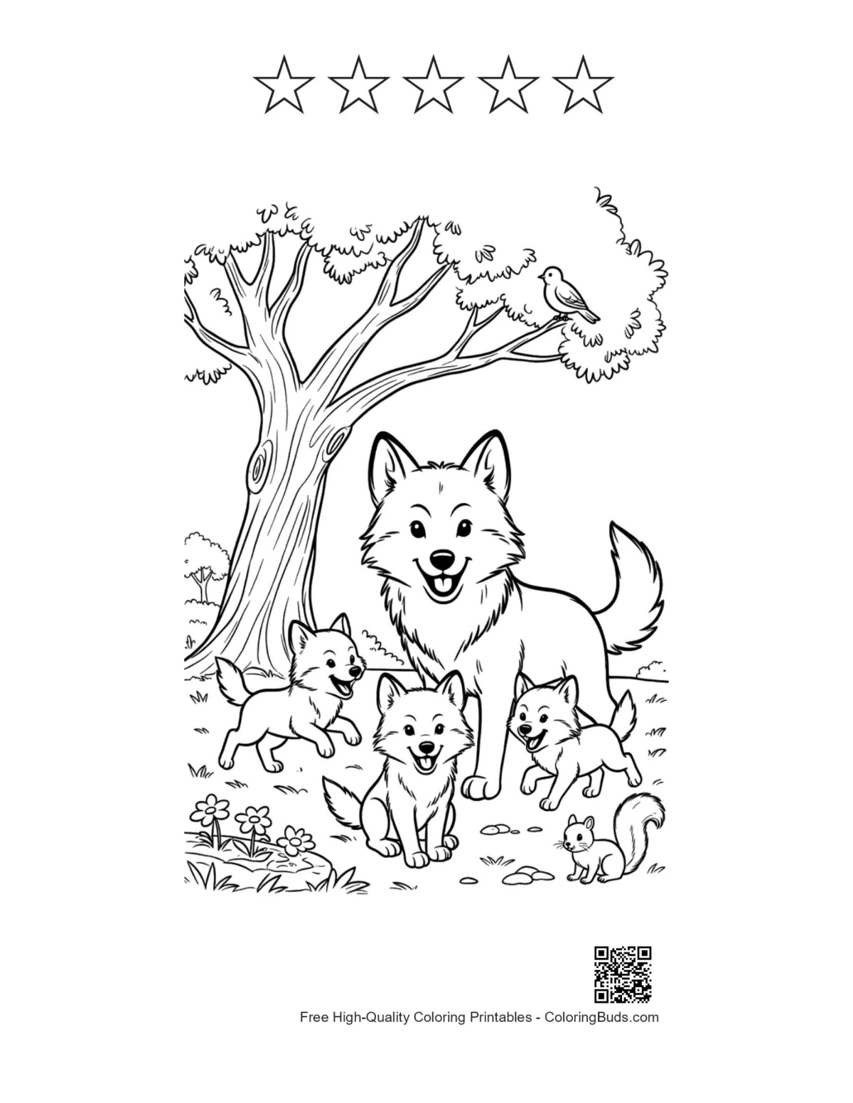 Wolf pups forest printable with 5 star outlines
