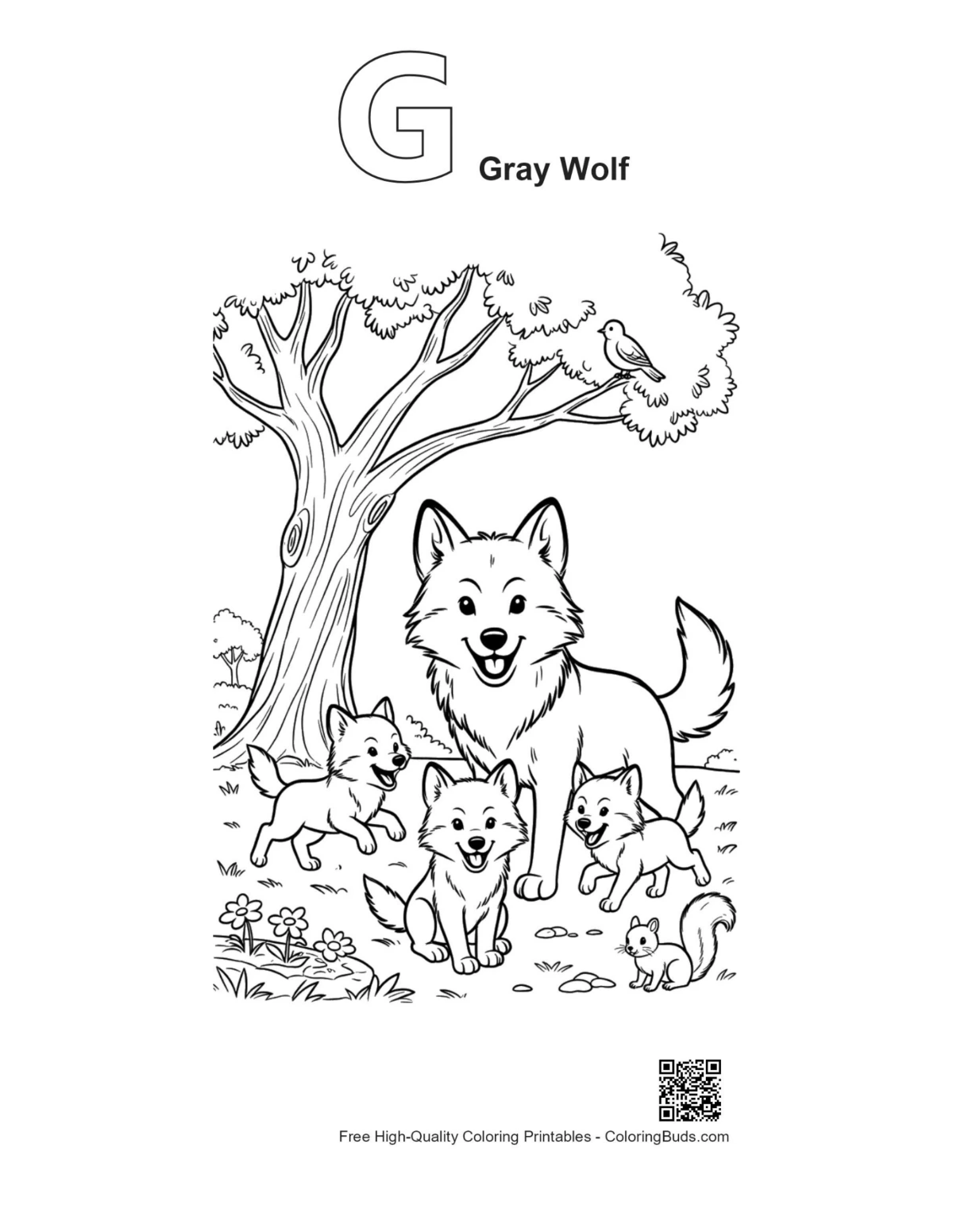 Gray Wolf outline alphabet G wolf mother pups forest