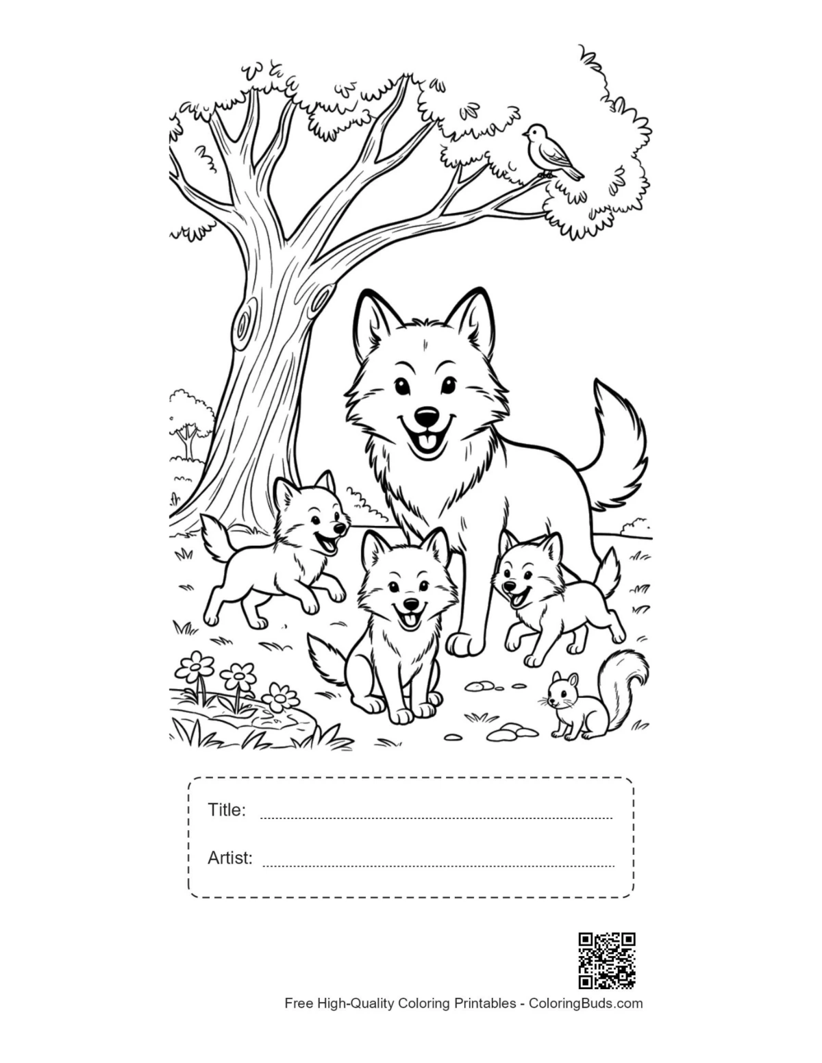 Wolf mother pups forest printable with title artist box