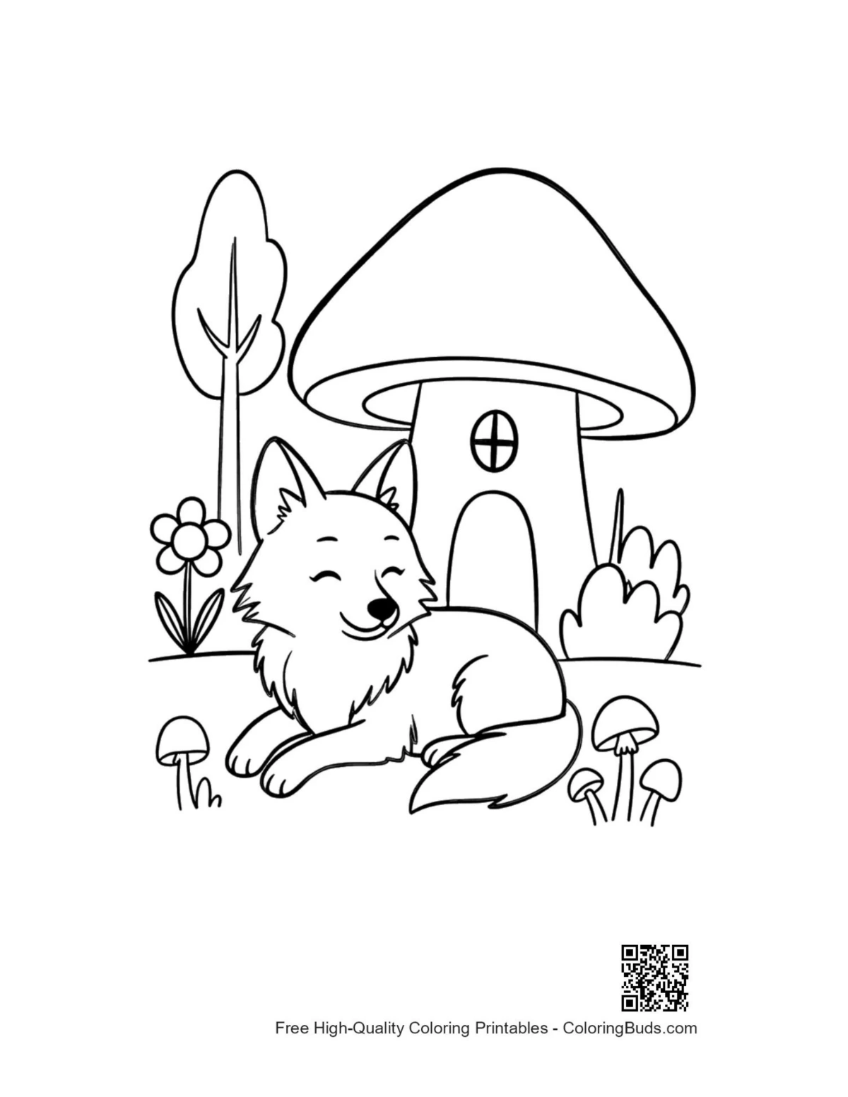 Gray wolf resting by mushroom house forest coloring page