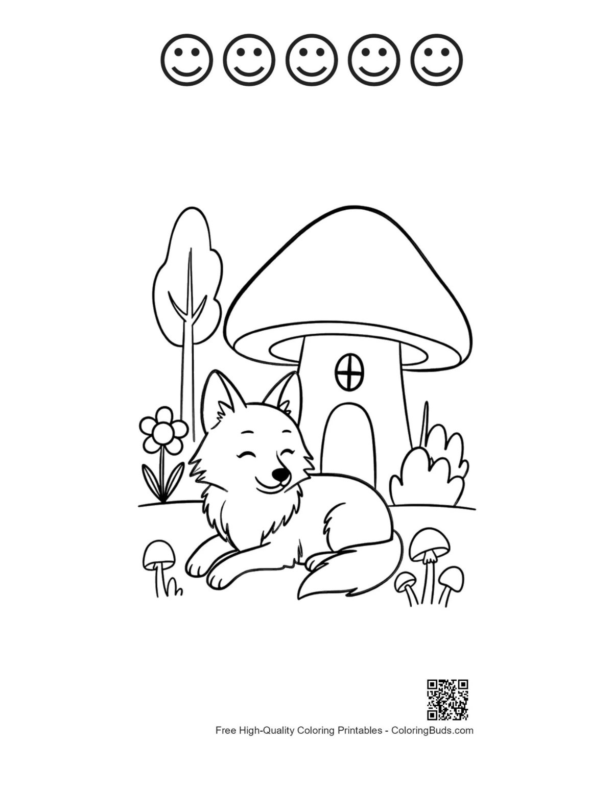 Forest wolf printable with 5 happy face outlines