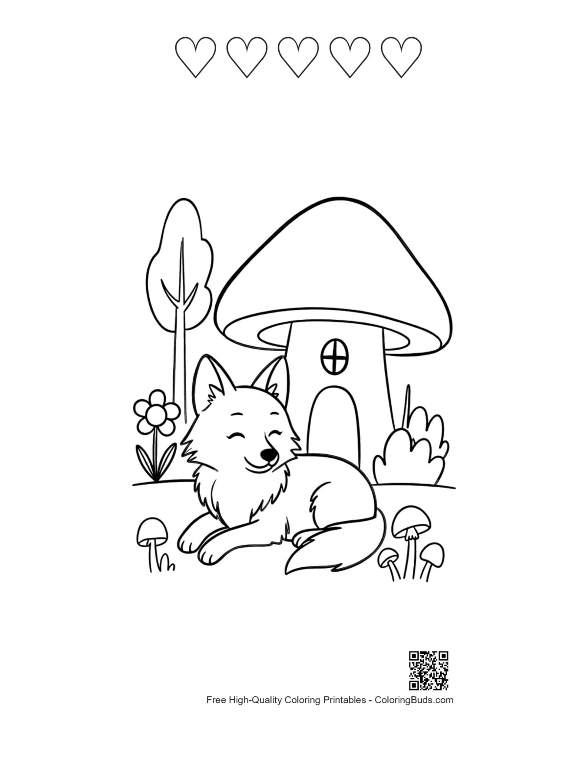 Gray wolf forest printable 5 heart outlines mushroom house