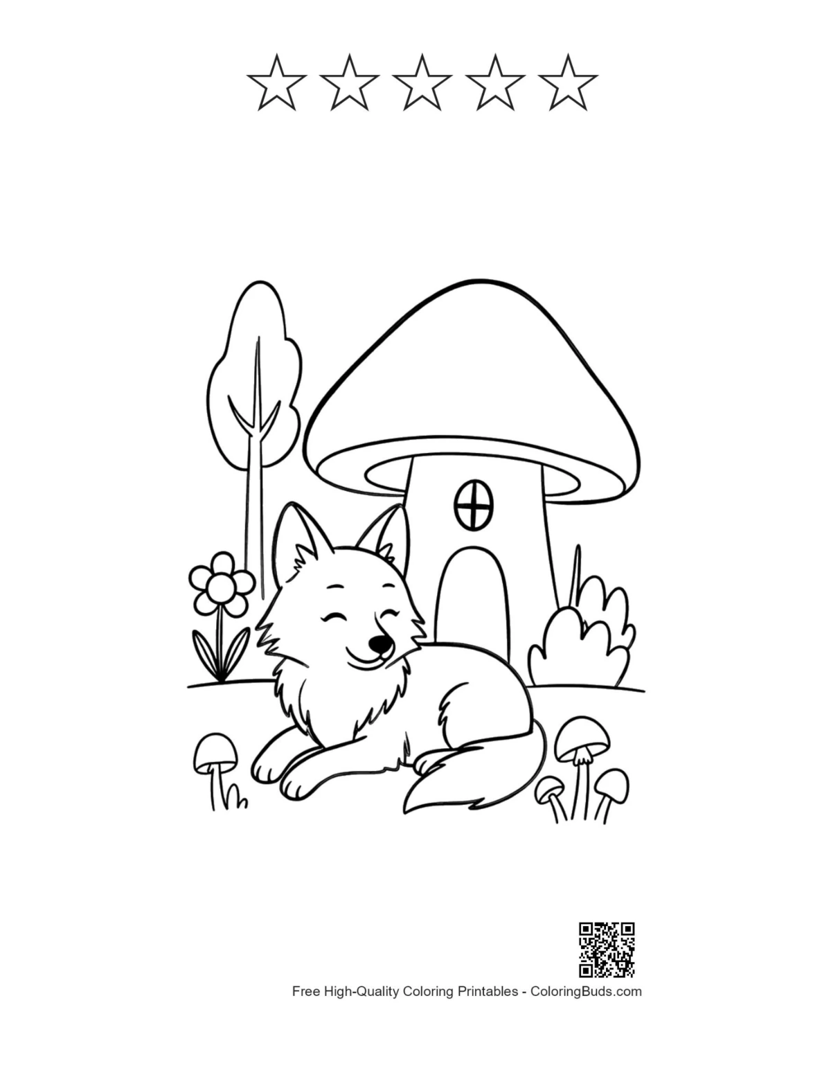 Gray wolf mushroom house with 5 star outlines printable