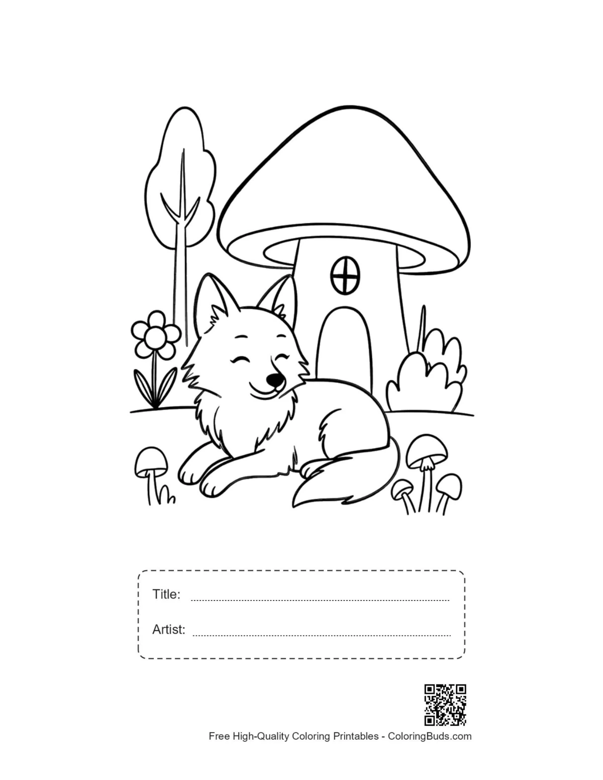 Gray wolf mushroom house printable with title artist box