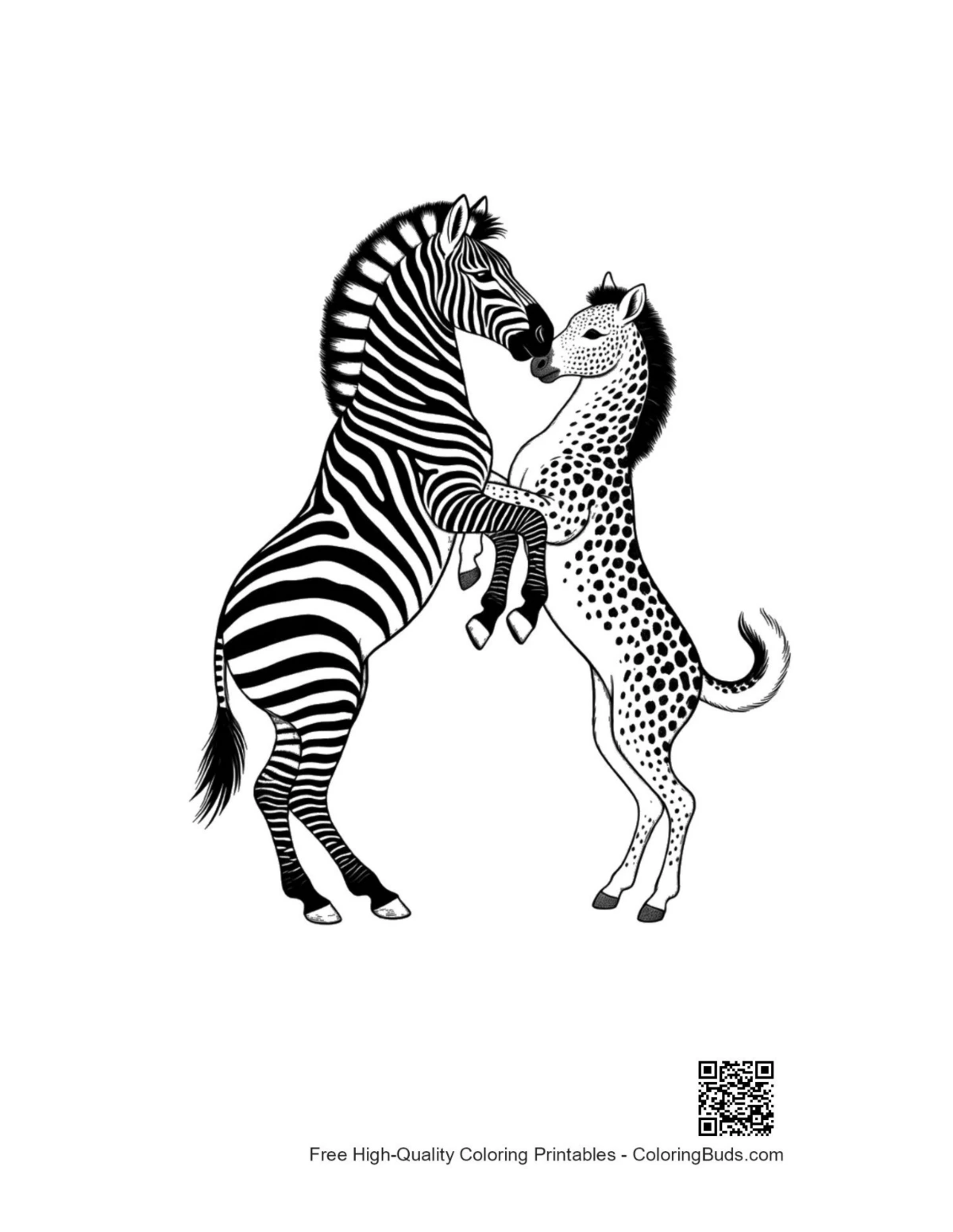 Cute Zebra Leopard Foal Embrace coloring page