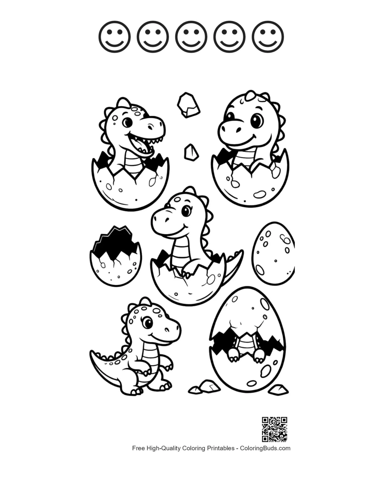 ภาพไดโนเสาร์ฟักไข่น่ารัก พร้อมโครงร่างหน้ายิ้ม 5 แบบ สามารถพิมพ์ได้