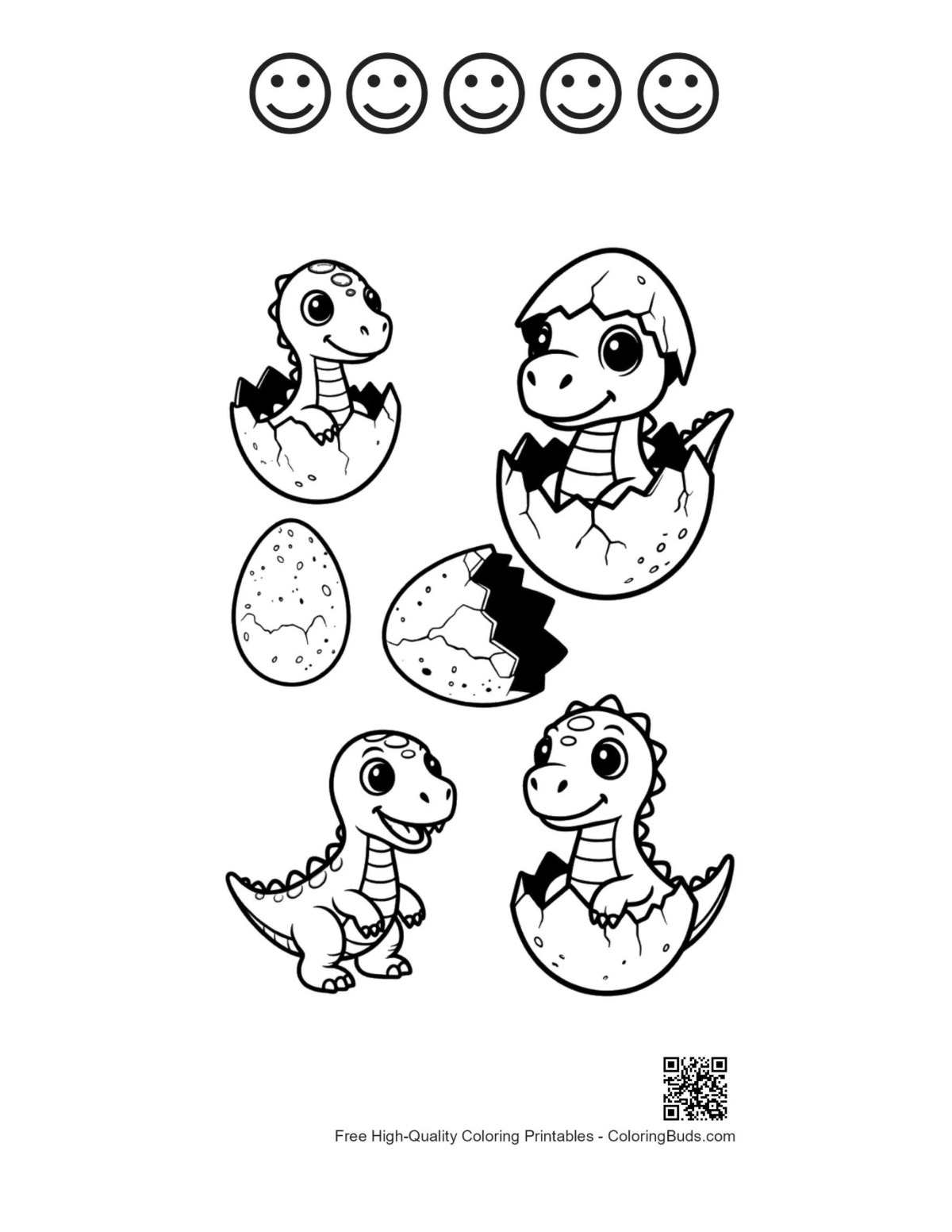 Hatching dinos and 5 happy faces outline sheet
