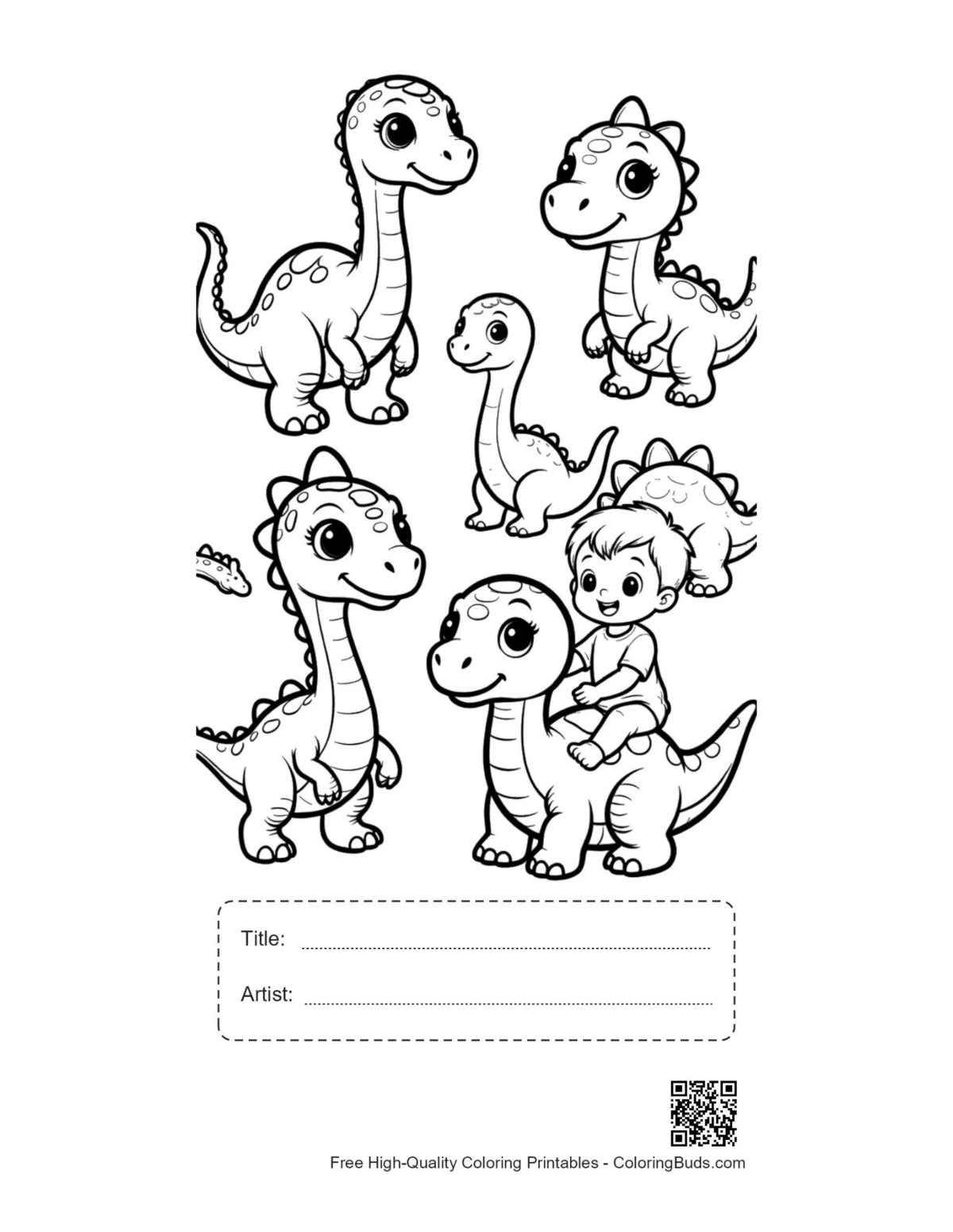 Printable cute baby dinos with boy, title box
