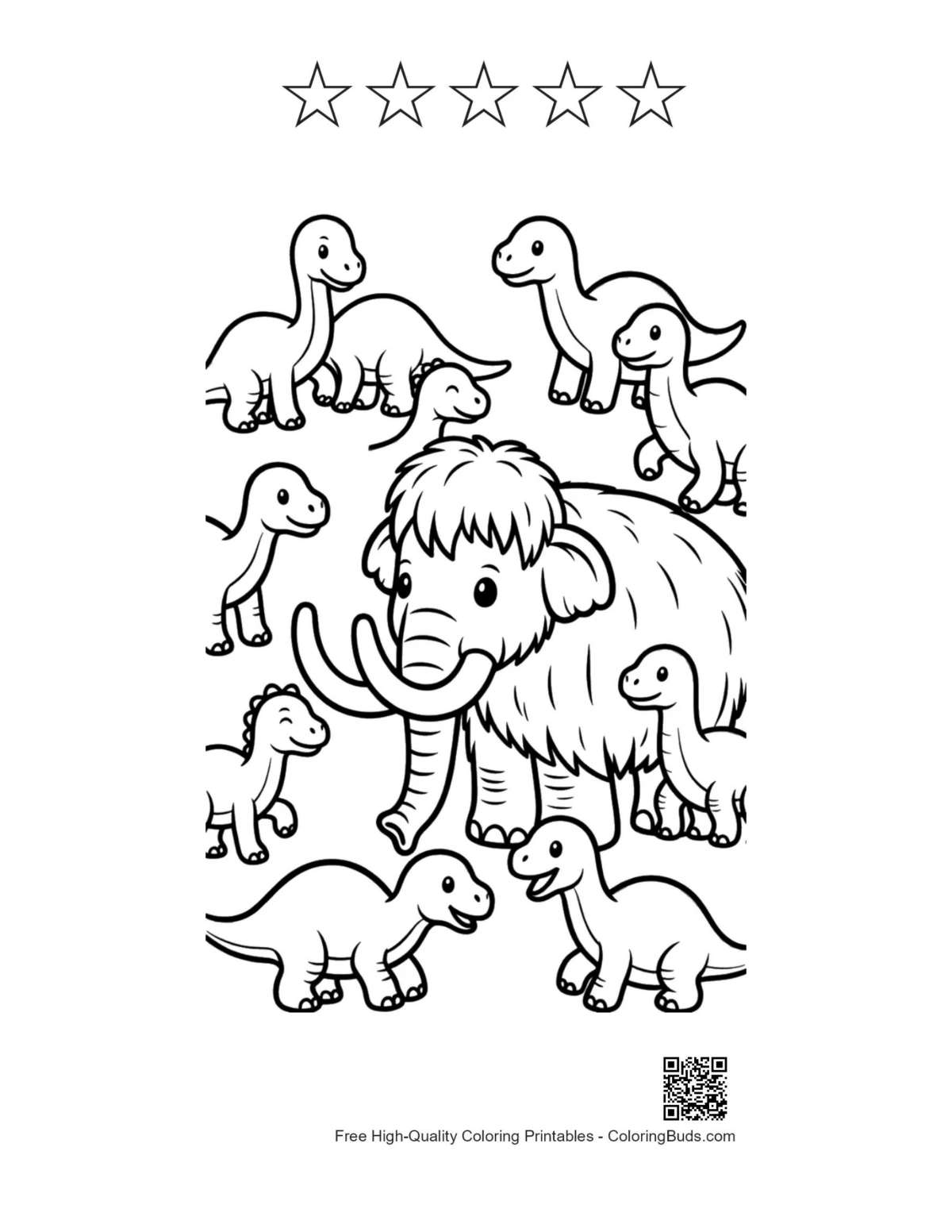 ภาพร่างไดโนเสาร์ตัวน้อยน่ารัก แมมมอธ 5 ดาว สำหรับพิมพ์