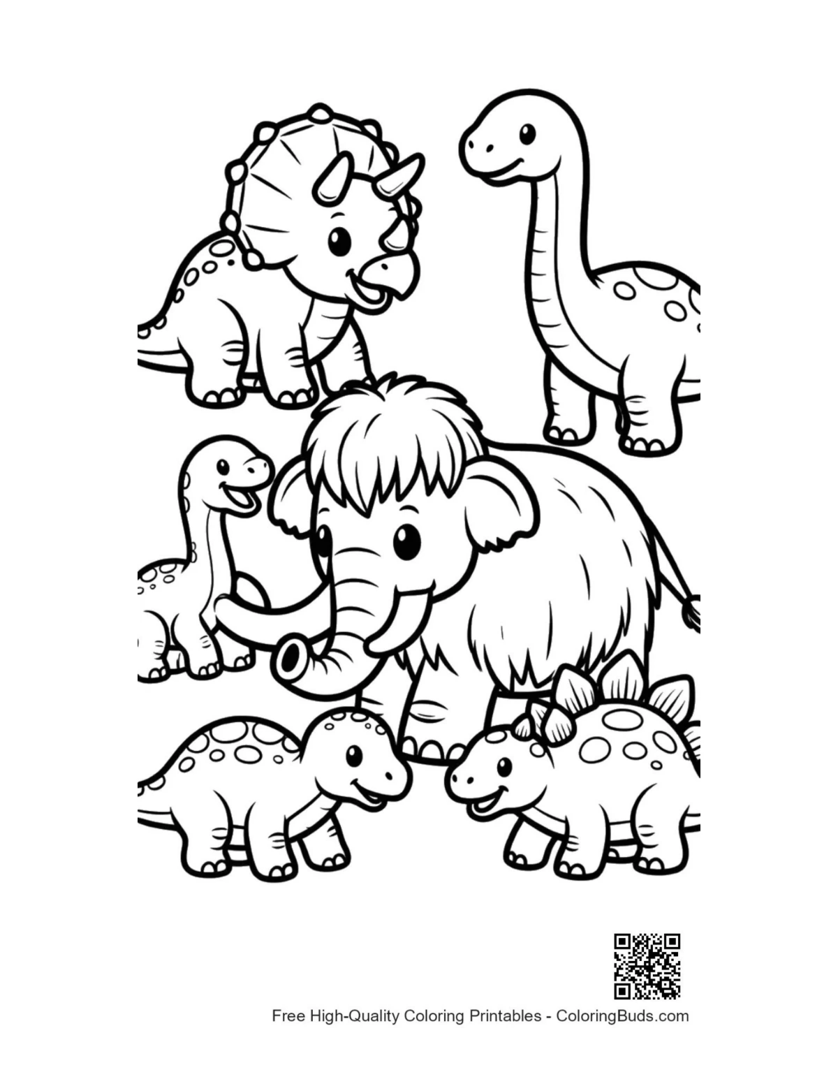 Cute baby dinos with fluffy mammoth coloring page