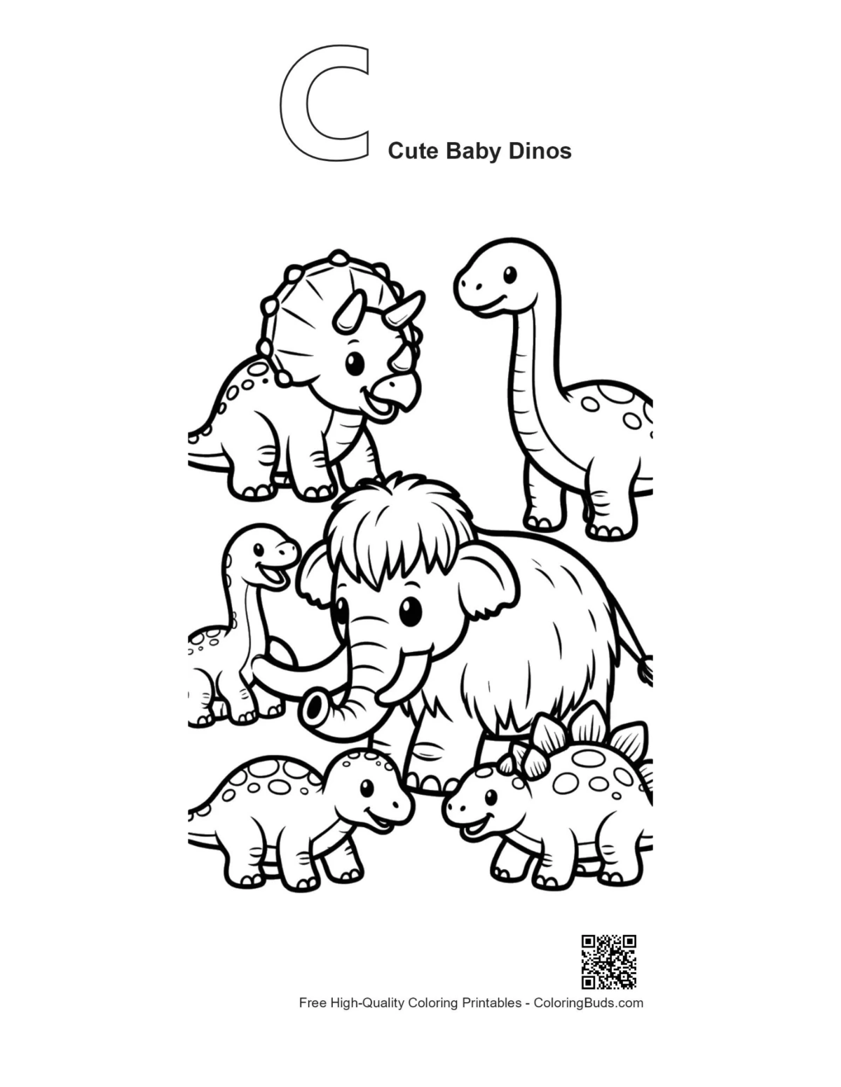 Cute baby dinos alphabet C outline printable
