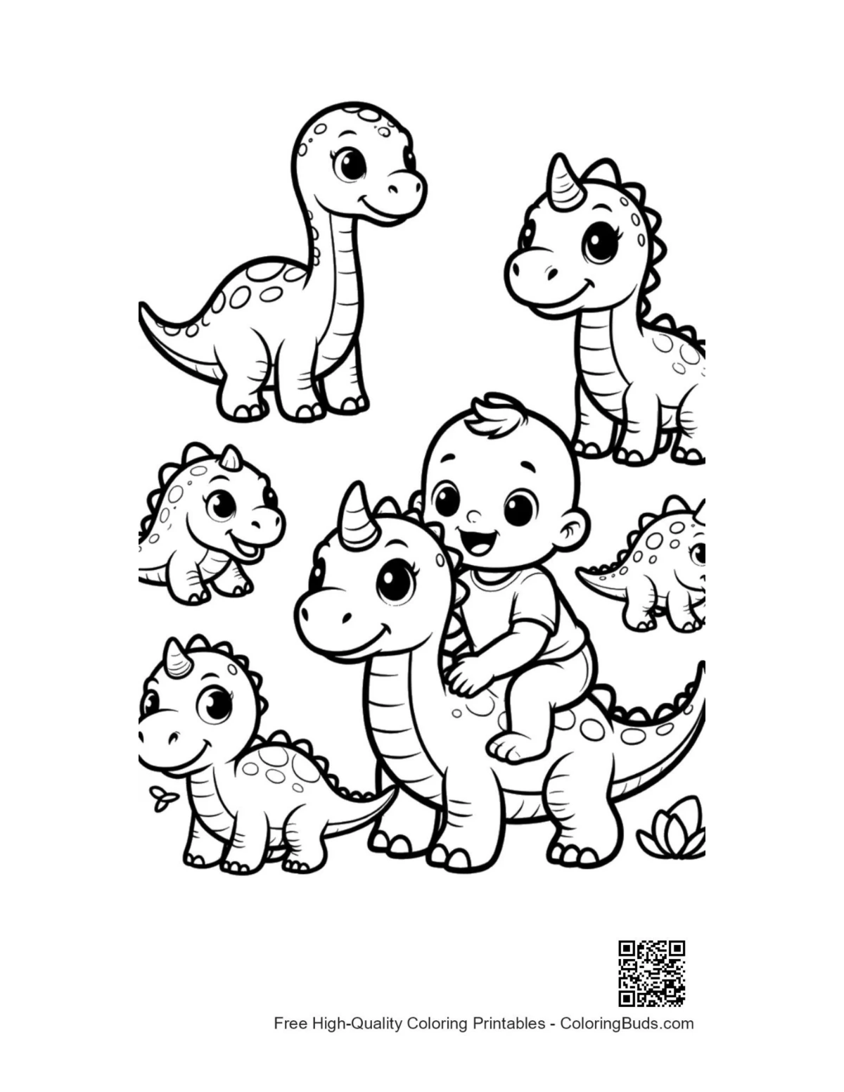Cute baby dino with toddler riding outline