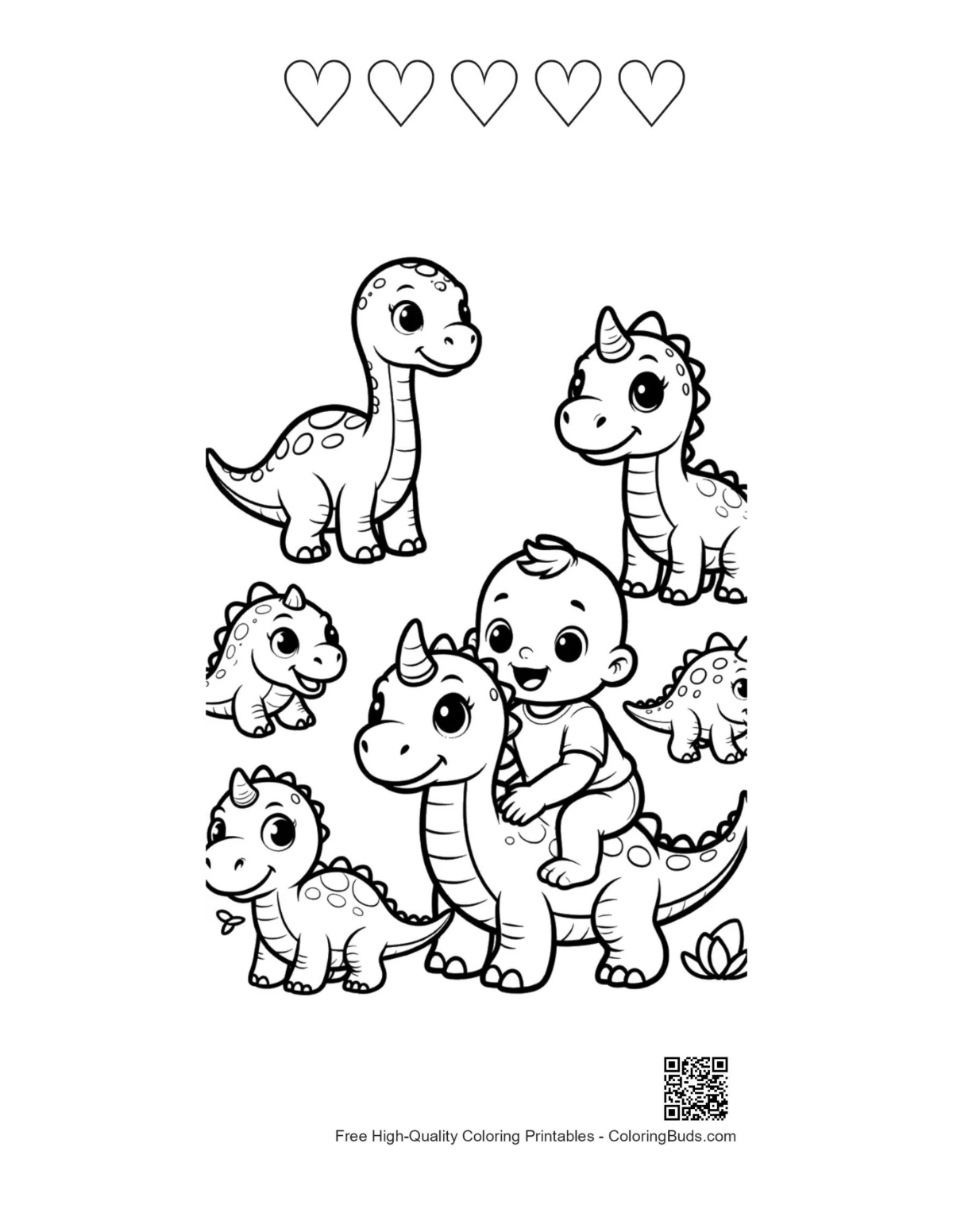 Heart-themed cute baby dino coloring printable