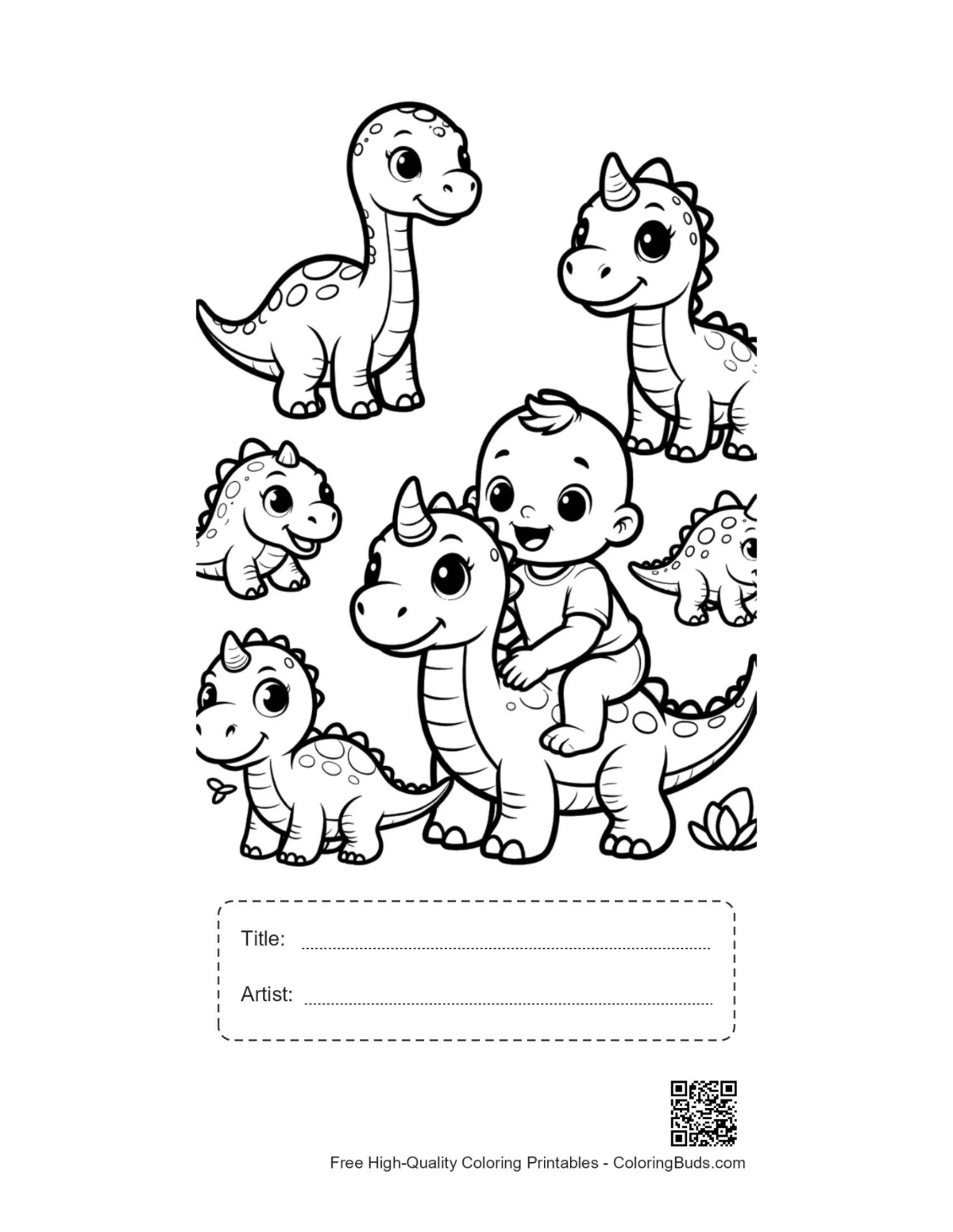 Printable cute baby dino page with title space