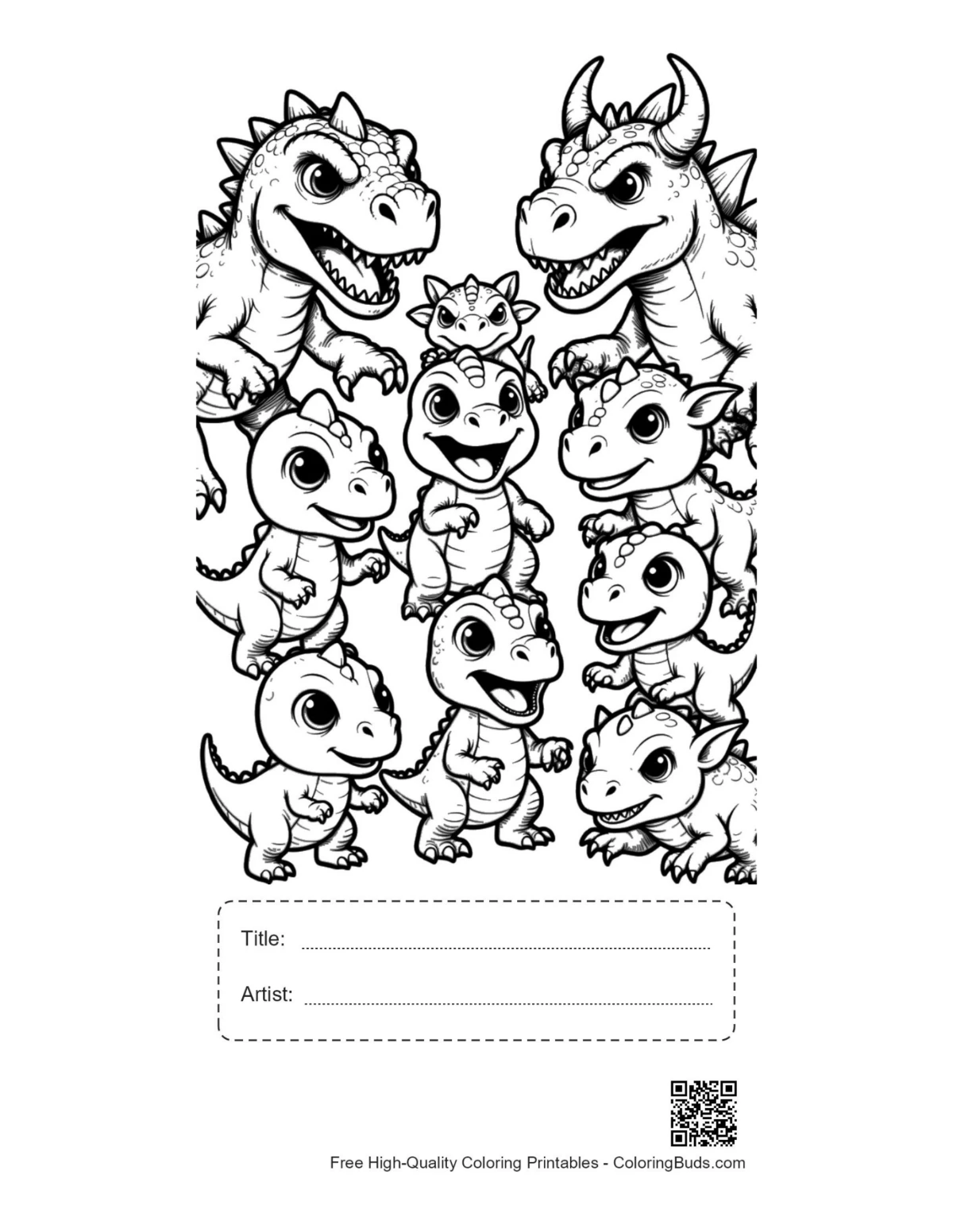 Printable cute baby dinos gathering with title box