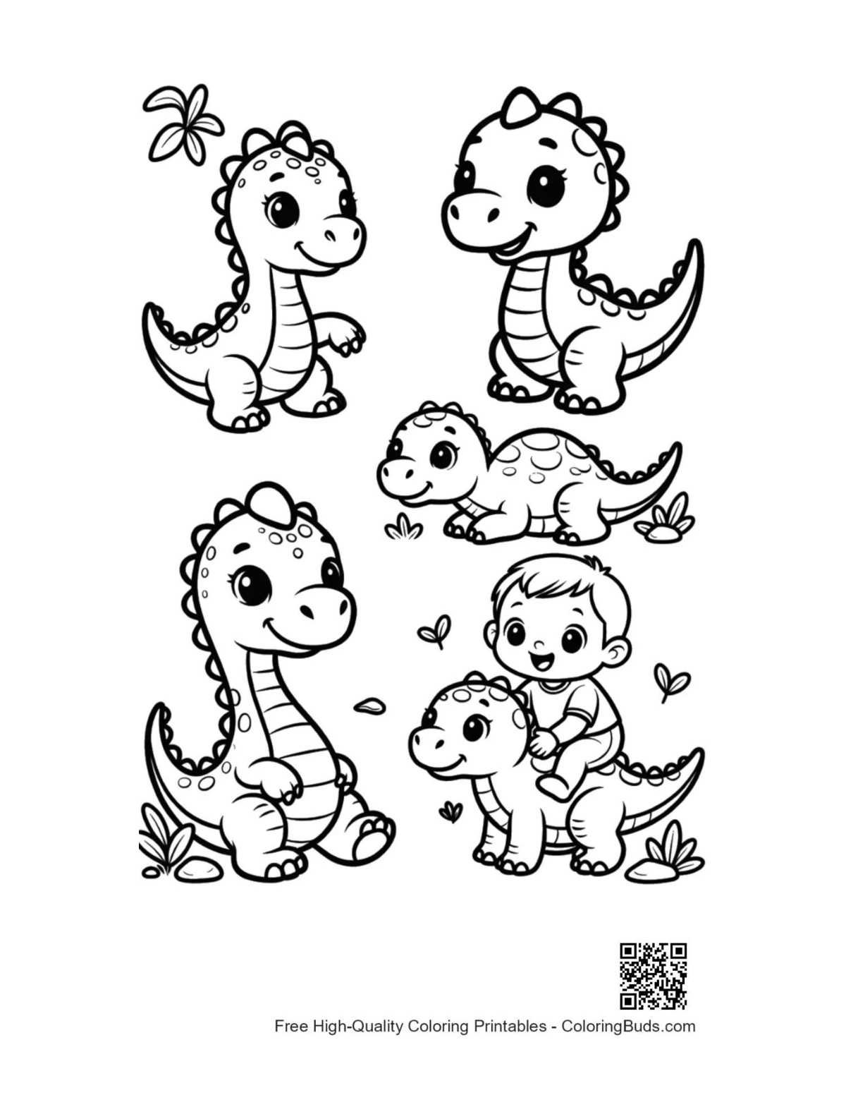 Cute baby dinosaurs playing joyfully coloring page