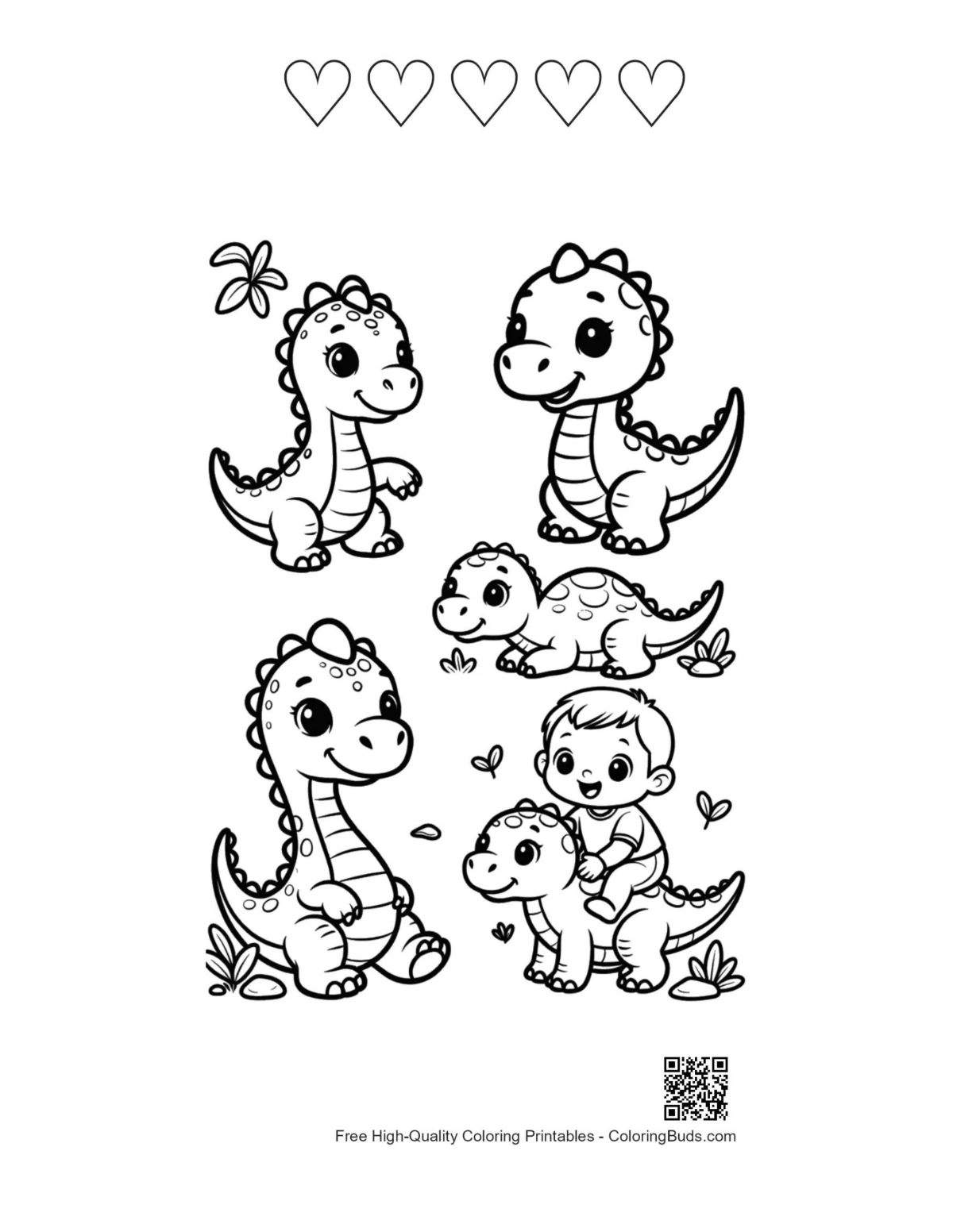 5 heart outline cute baby dino coloring page