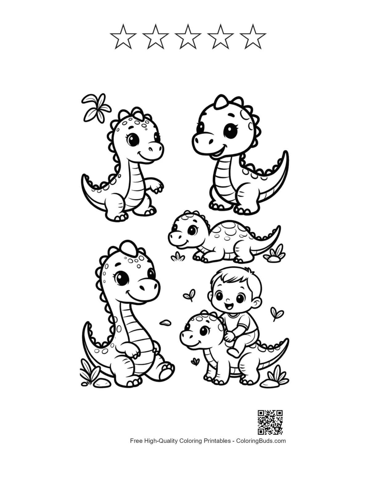 5-star outline cute baby dino coloring printable