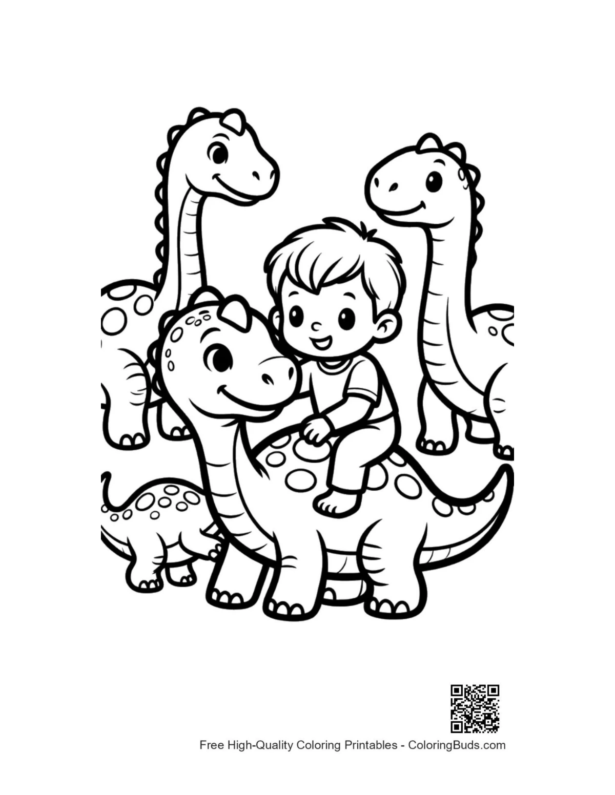 Cute boy riding baby dino with friends coloring page