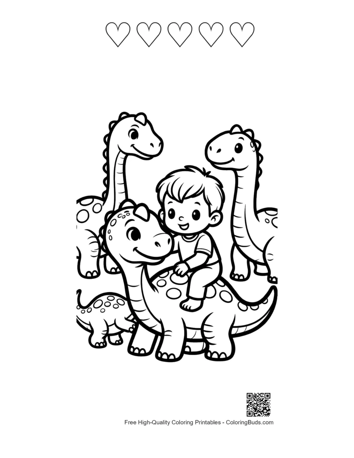 Heart-themed baby dino riding printable