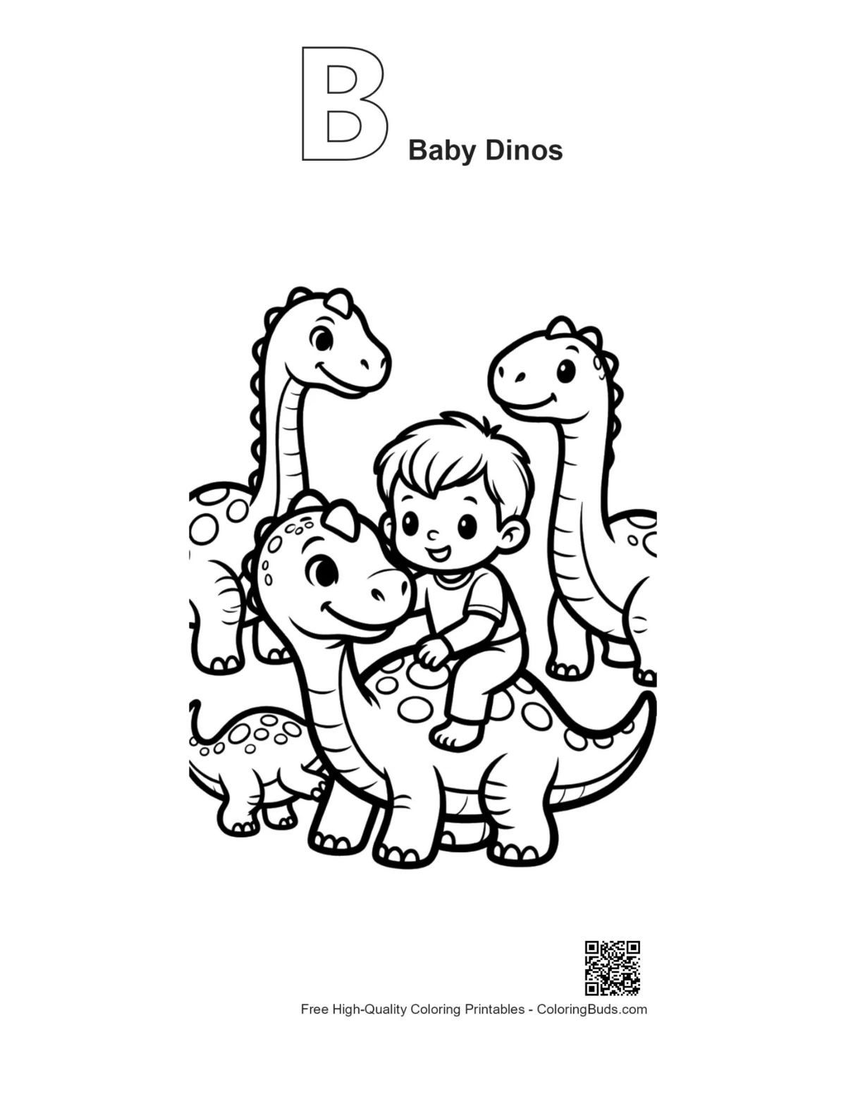 Baby dinos alphabet B outline coloring printable