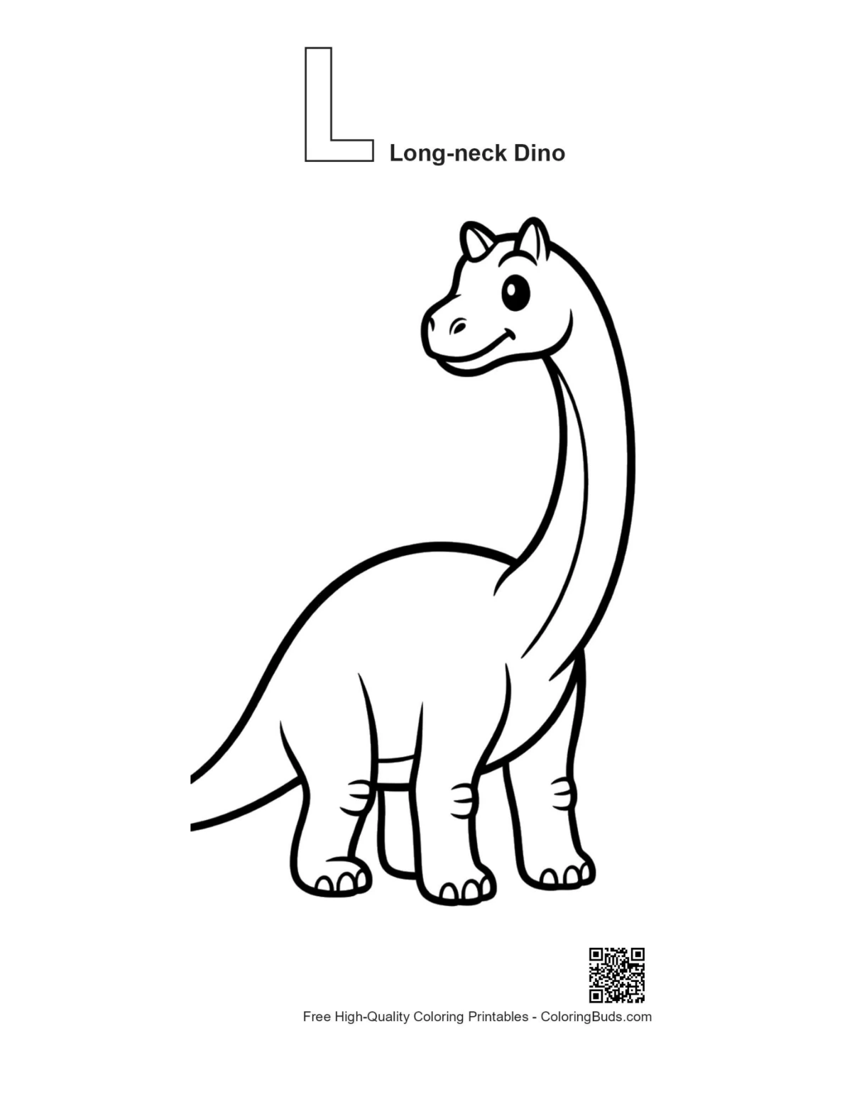 Long-neck dino coloring page with alphabet L outline