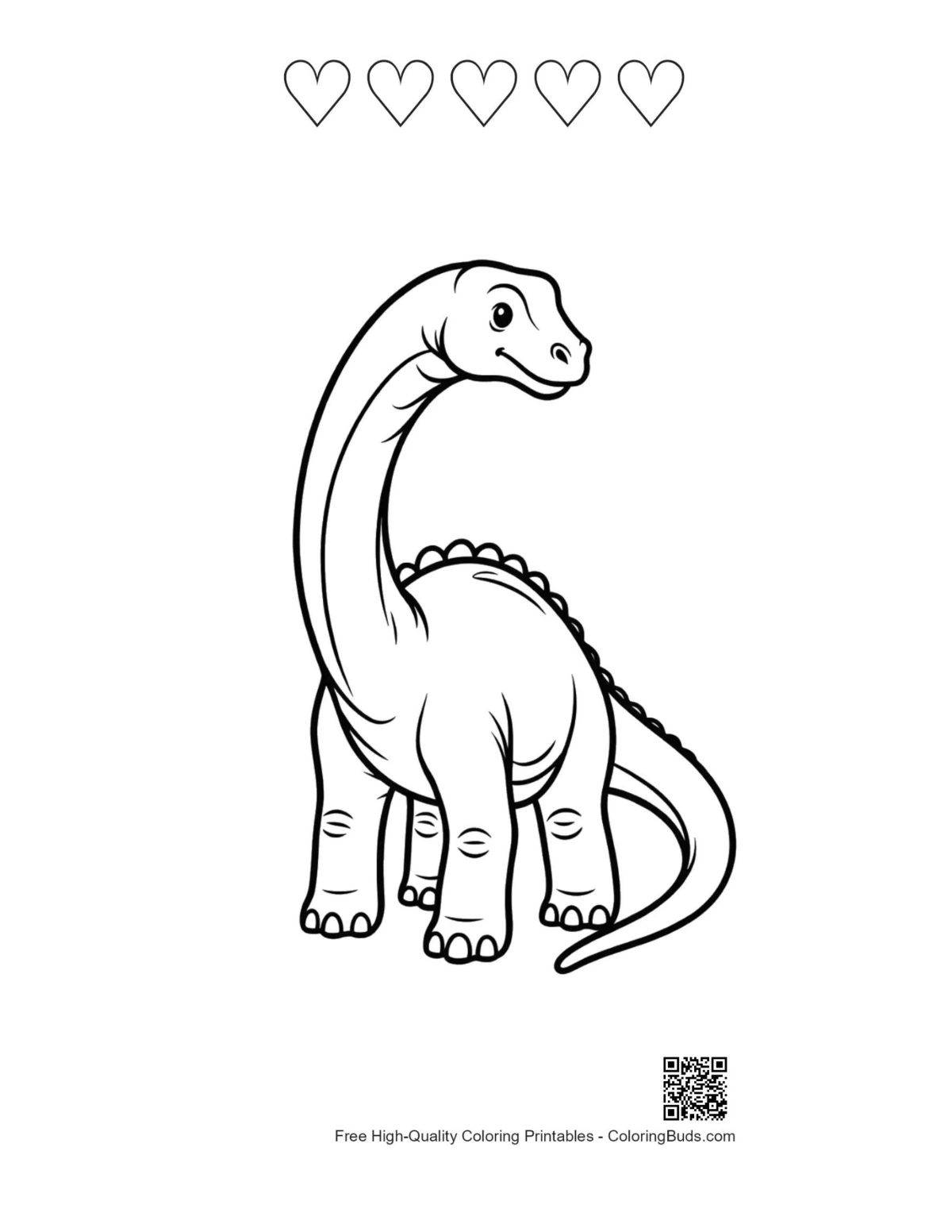 Diplodocus printable with 5 heart outlines