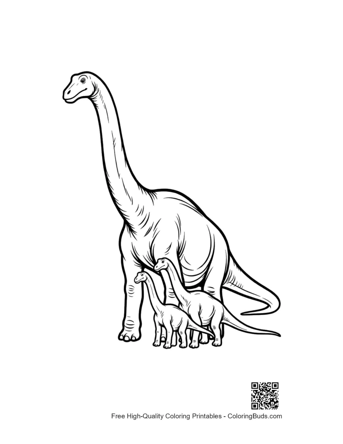 Majestic Brachiosaurus mother and babies coloring page