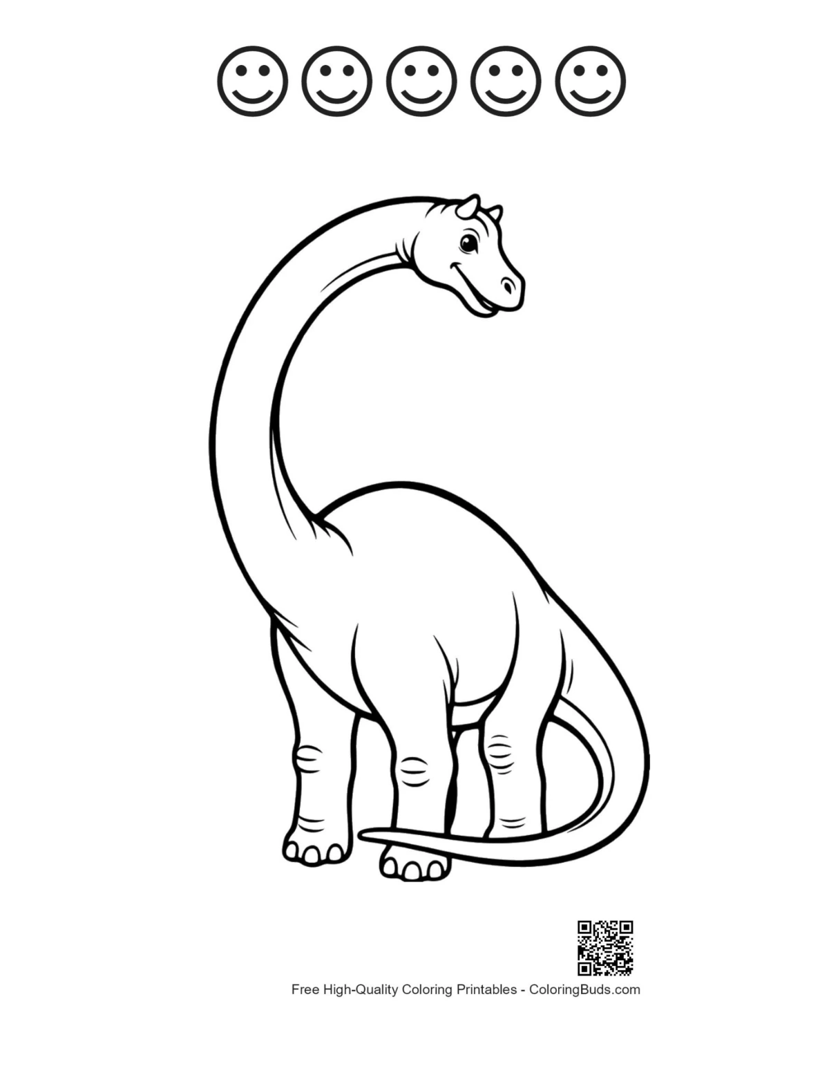 Smiling Brachiosaurus and 5 happy faces outline